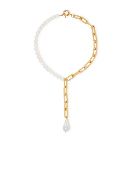 Half & Half Necklace, 24k Gold Plated Brass & Freshwater Pearls
