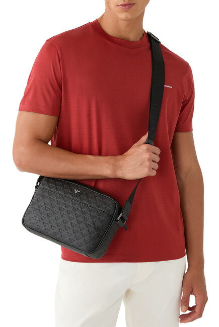 Leather Shoulder Bag with All-Over Embossed Eagle