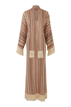 Exclusive Chevron Raschel Sequinned Fringed Scarf Maxi Kaftan