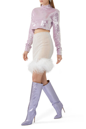 Rhinestone Embellished Feather Trim Skirt