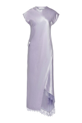 Asymmetric Lace-Trimmed Satin Maxi Dress