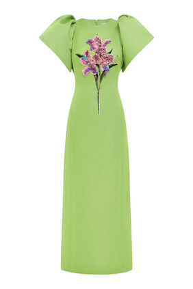 Lucinda Embellished Maxi Dress - Lily Print in Parakeet
