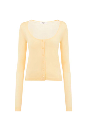 Scoop-Neck Fitted Cardigan in Superfine Wool Knit