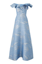 Off Shoulder Jacquard Ruffle Gown with Flower Applique
