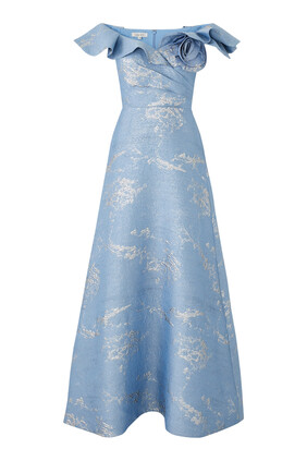 Off Shoulder Jacquard Ruffle Gown with Flower Applique