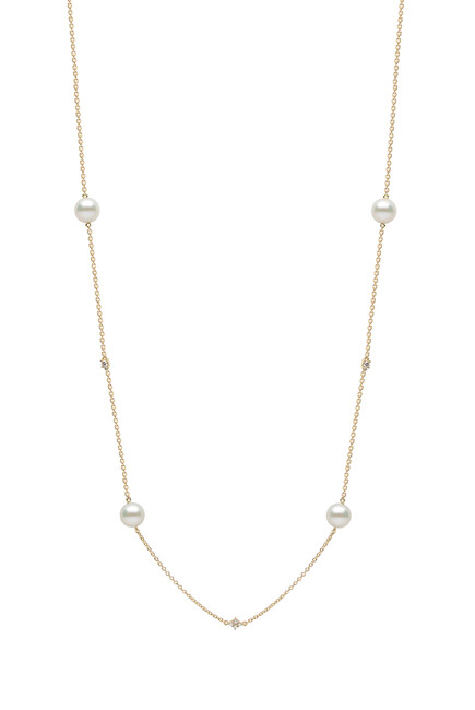 Classic Necklace, 18K Yellow Gold, Diamond & Pearl