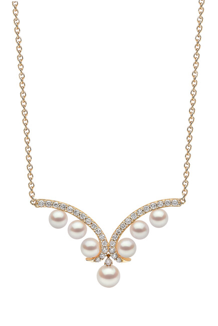 Sleek Pendant Necklace, 18k Yellow Gold, Diamonds & Akoya Pearl