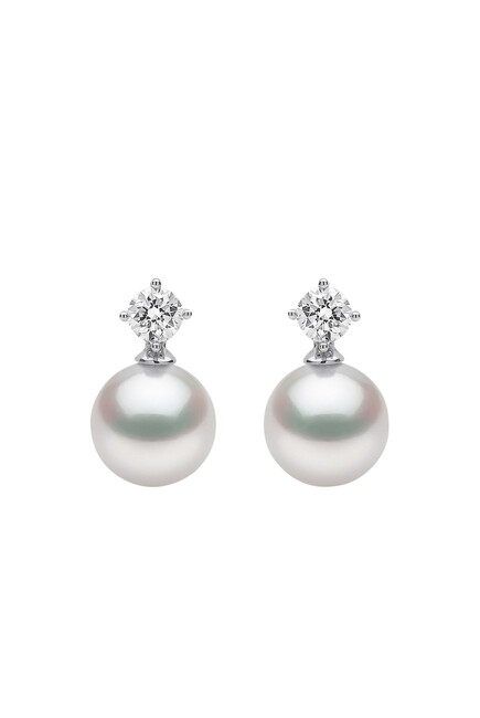 Classic Earrings, 18k White Gold, Diamond & 9mm Pearl