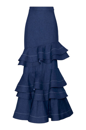 Mi Memoria Ruffled Denim Maxi Skirt
