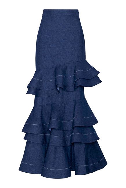 Mi Memoria Ruffled Denim Maxi Skirt