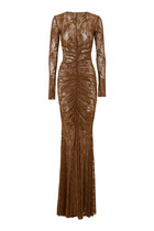 V Neck Shirred Front Fishtail Gown