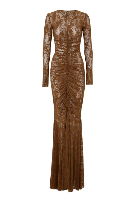 V Neck Shirred Front Fishtail Gown