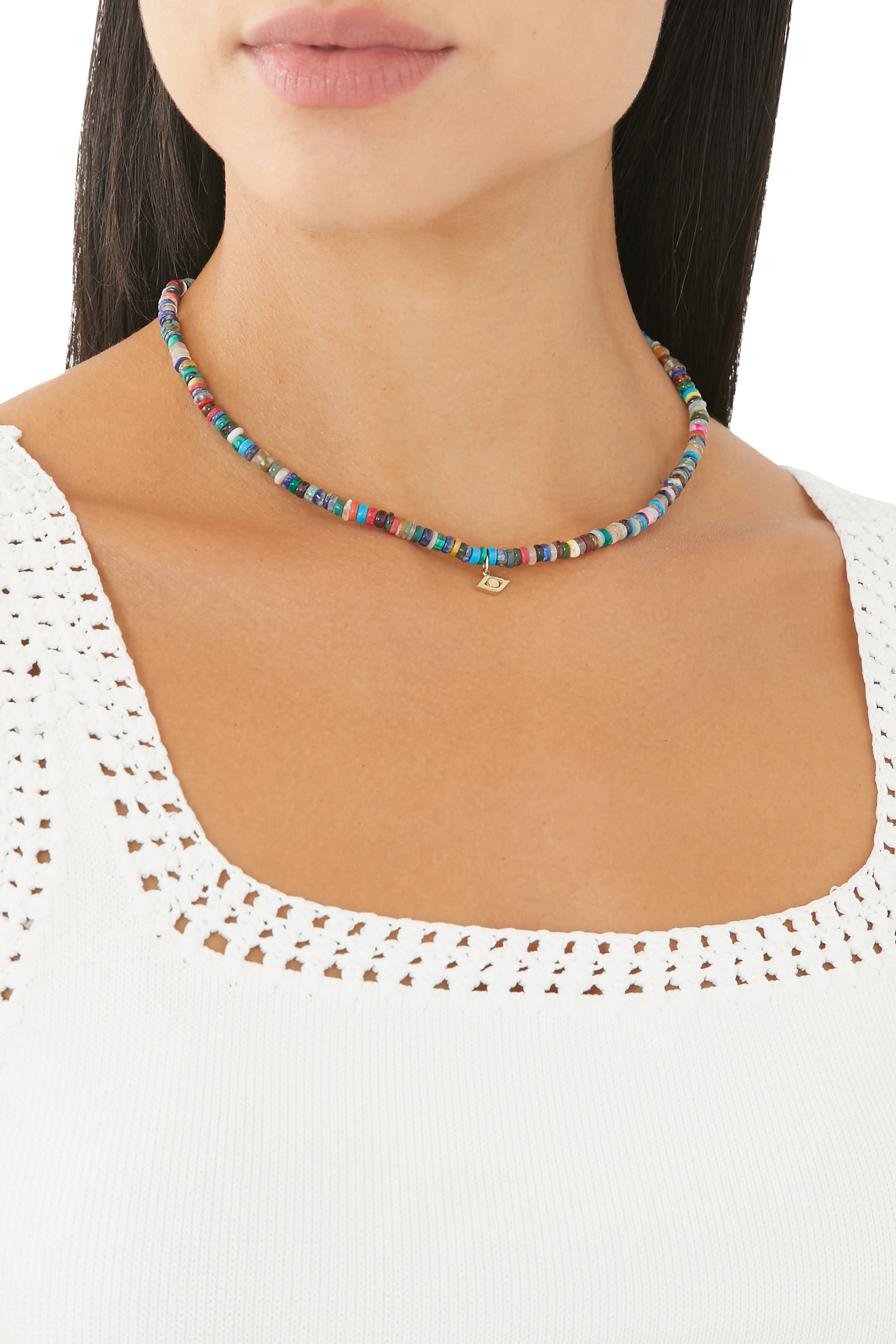 Evil Eye Pendant Heishi Beaded Necklace, 14k Yellow Gold & Heishi Beads