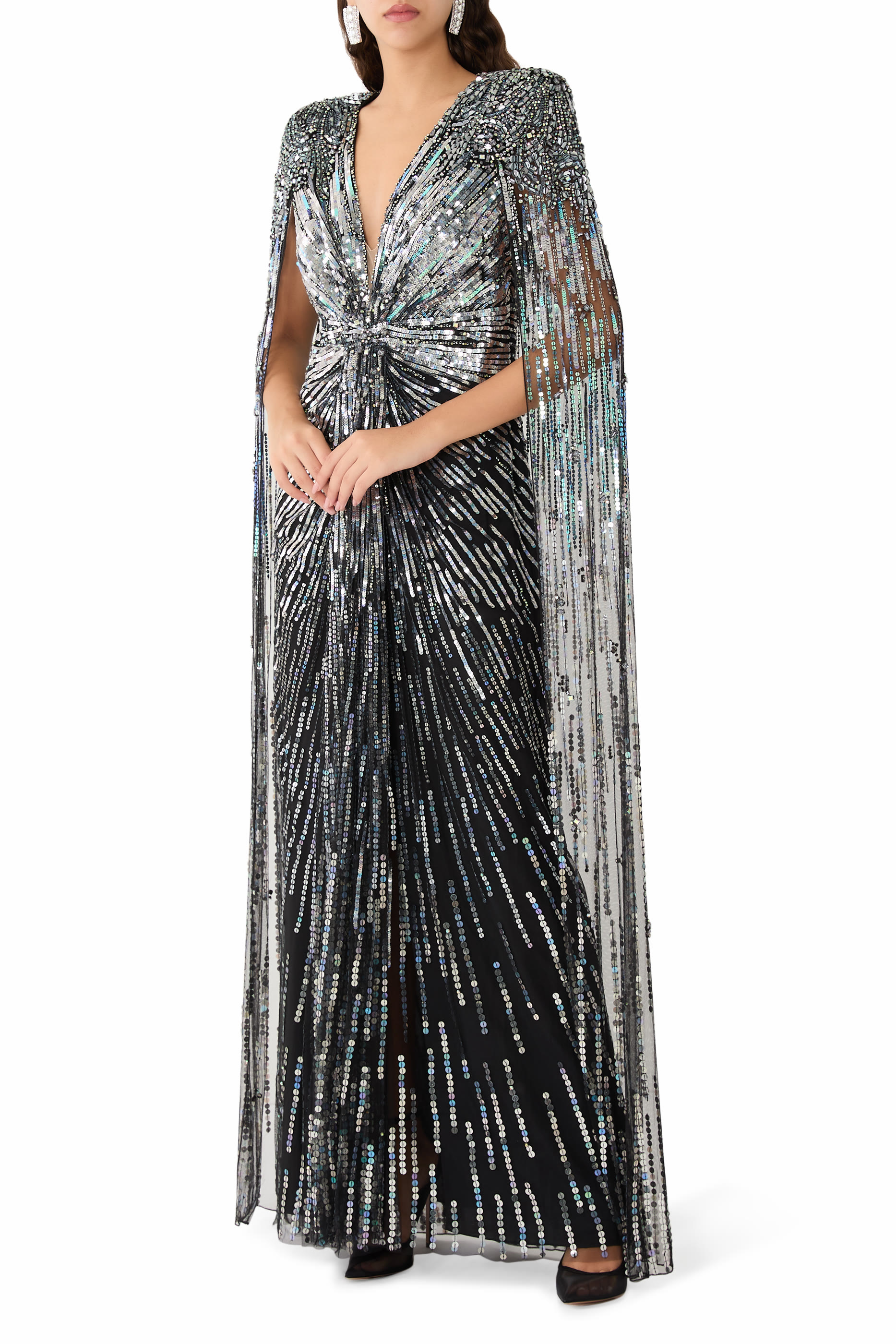 Embellished Cape-Effect Tulle Gown