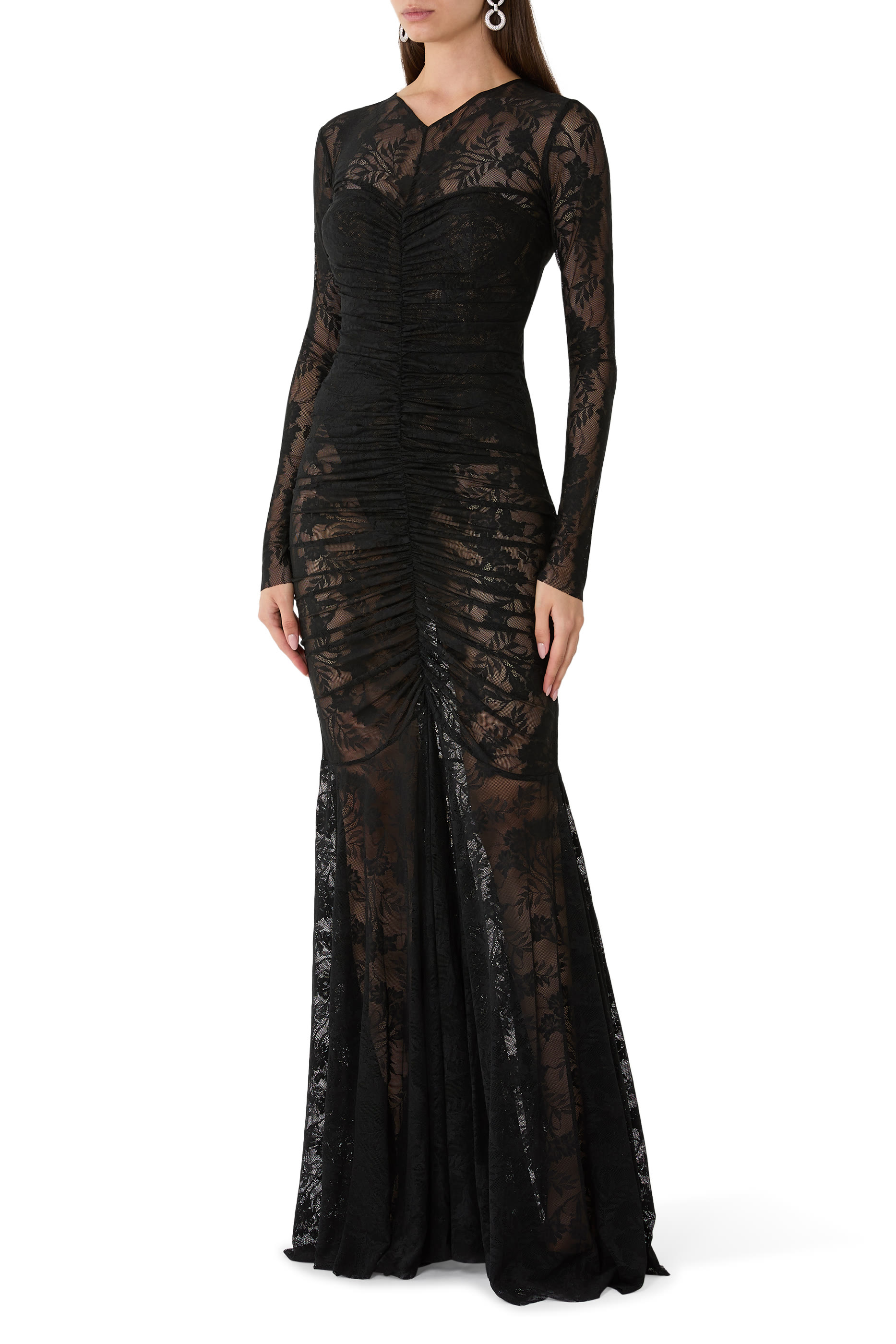 Long Sleeves V-Neck Shirred Front Fishtail Gown