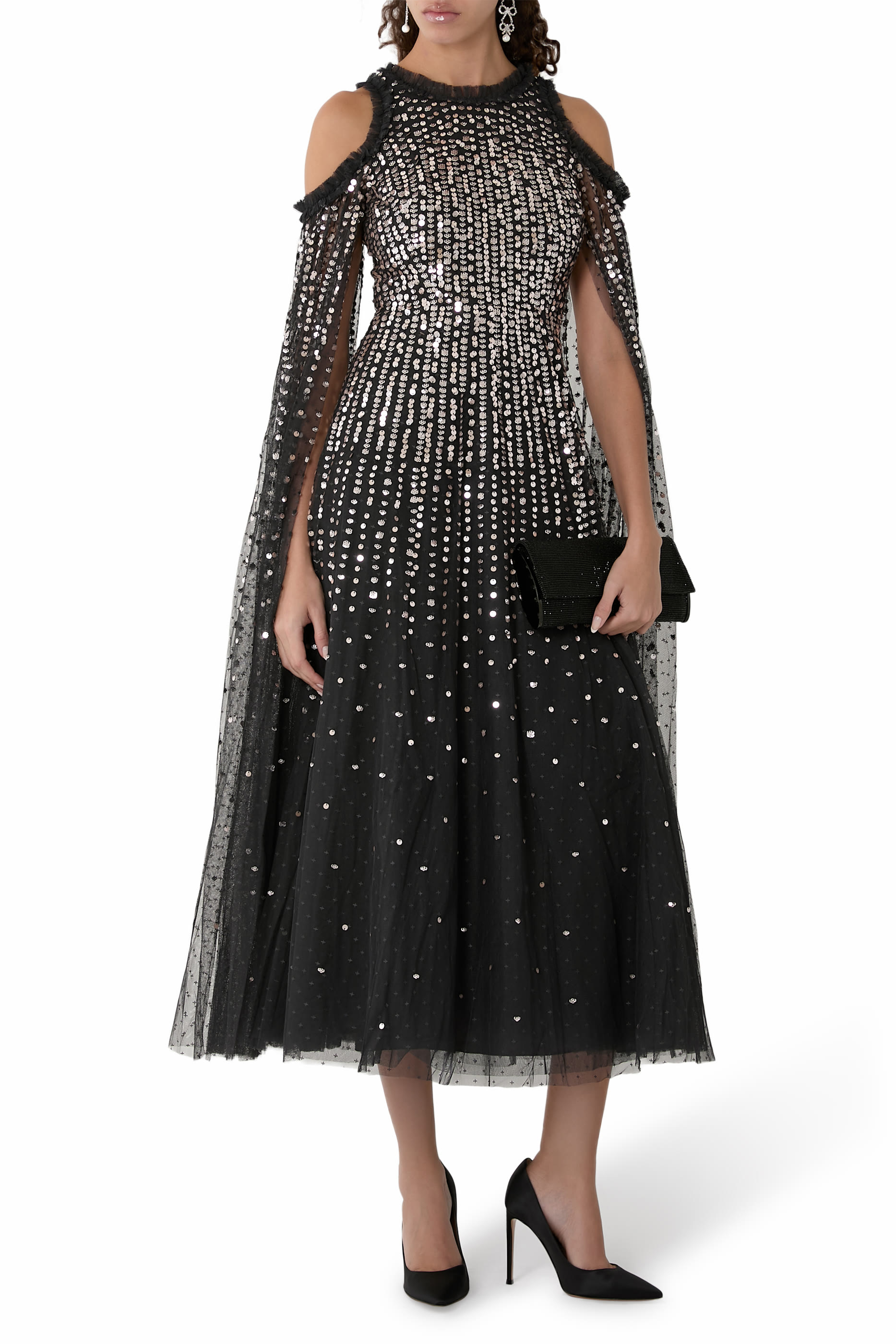 Moonlight Sequin Cape Sleeves Ankle Gown