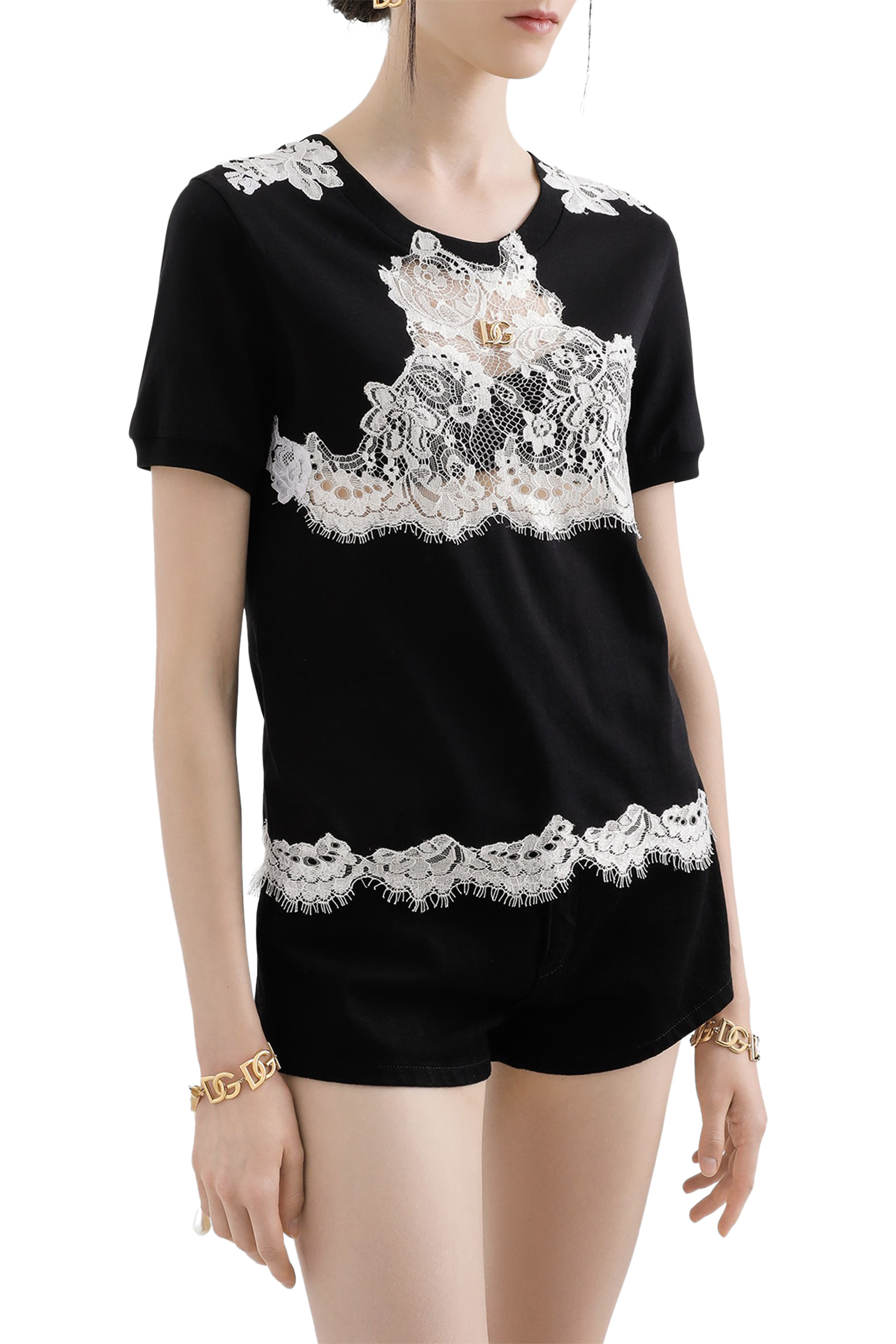 Logo and Lace Details Jersey T-Shirt