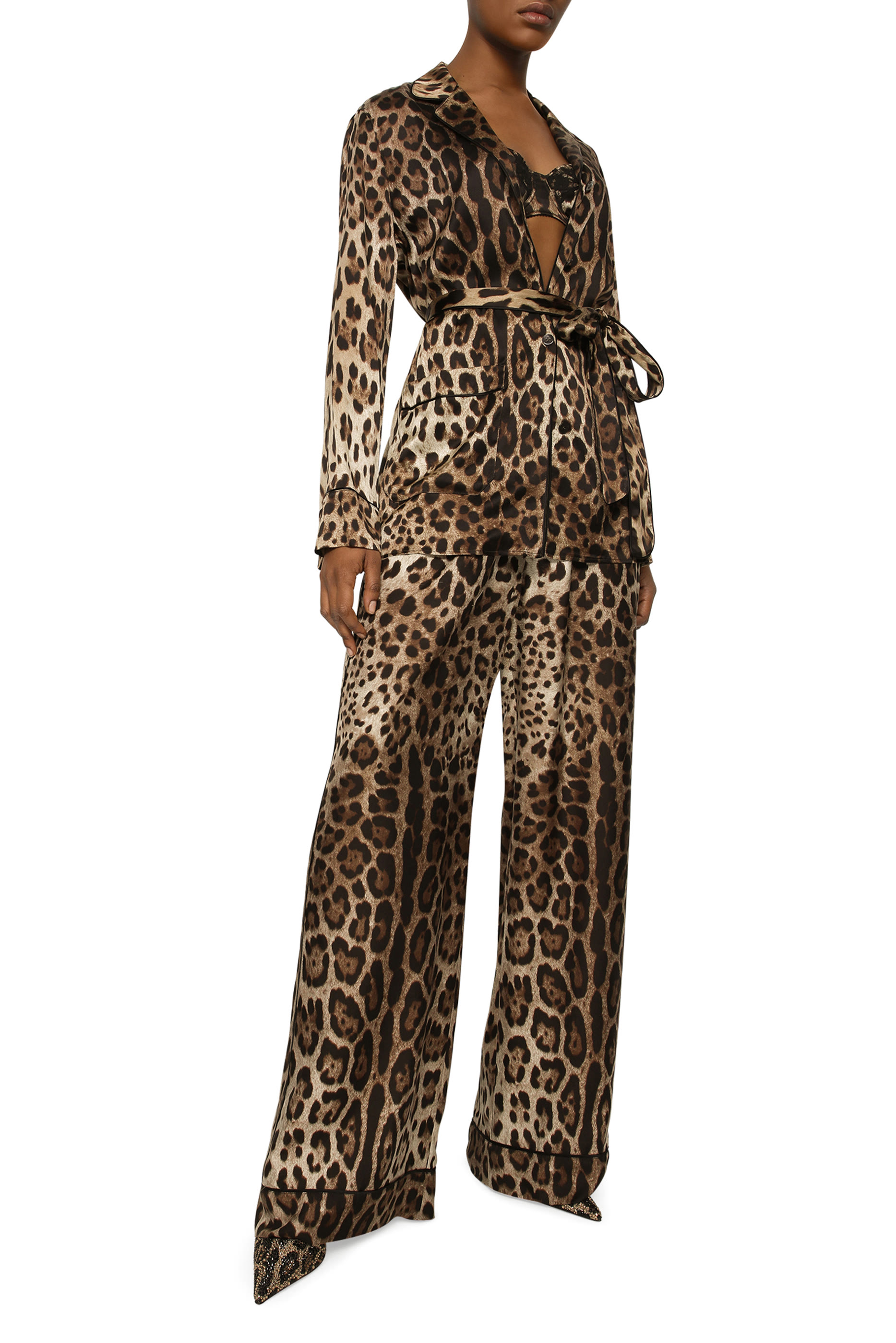  Leopard-Print Satin Pajama Shirt 