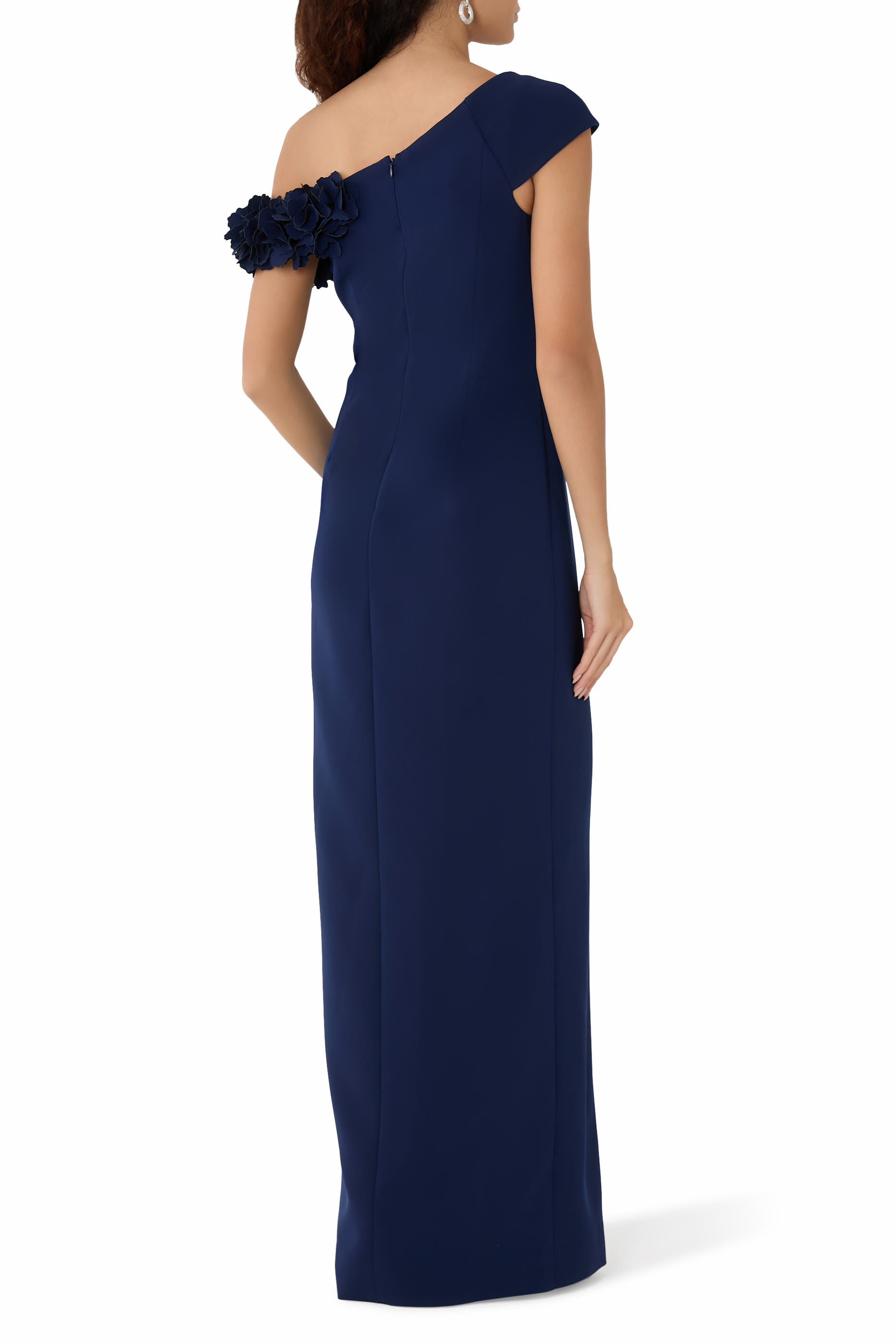 Stretch Crepe 3D Flower Asymmetrical Gown