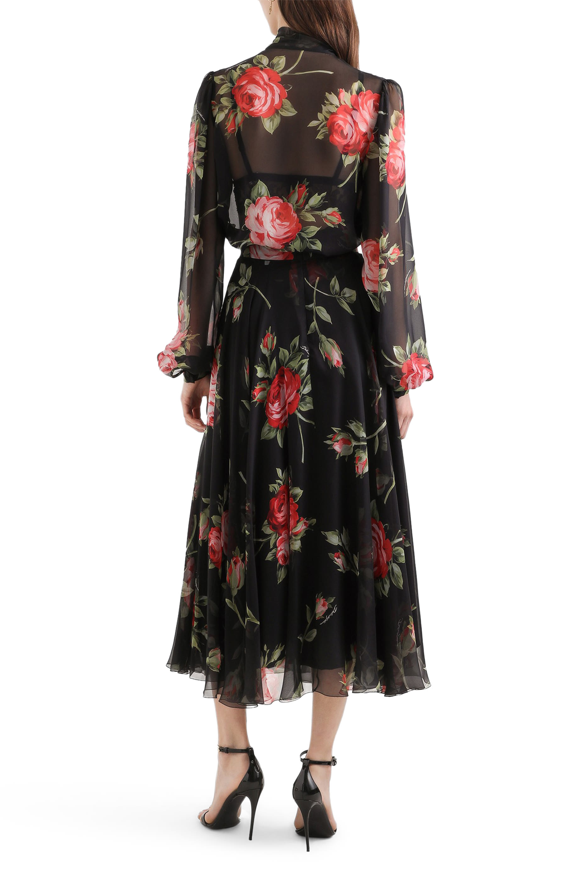 Rose Bouquet-Print Chiffon Circle Skirt