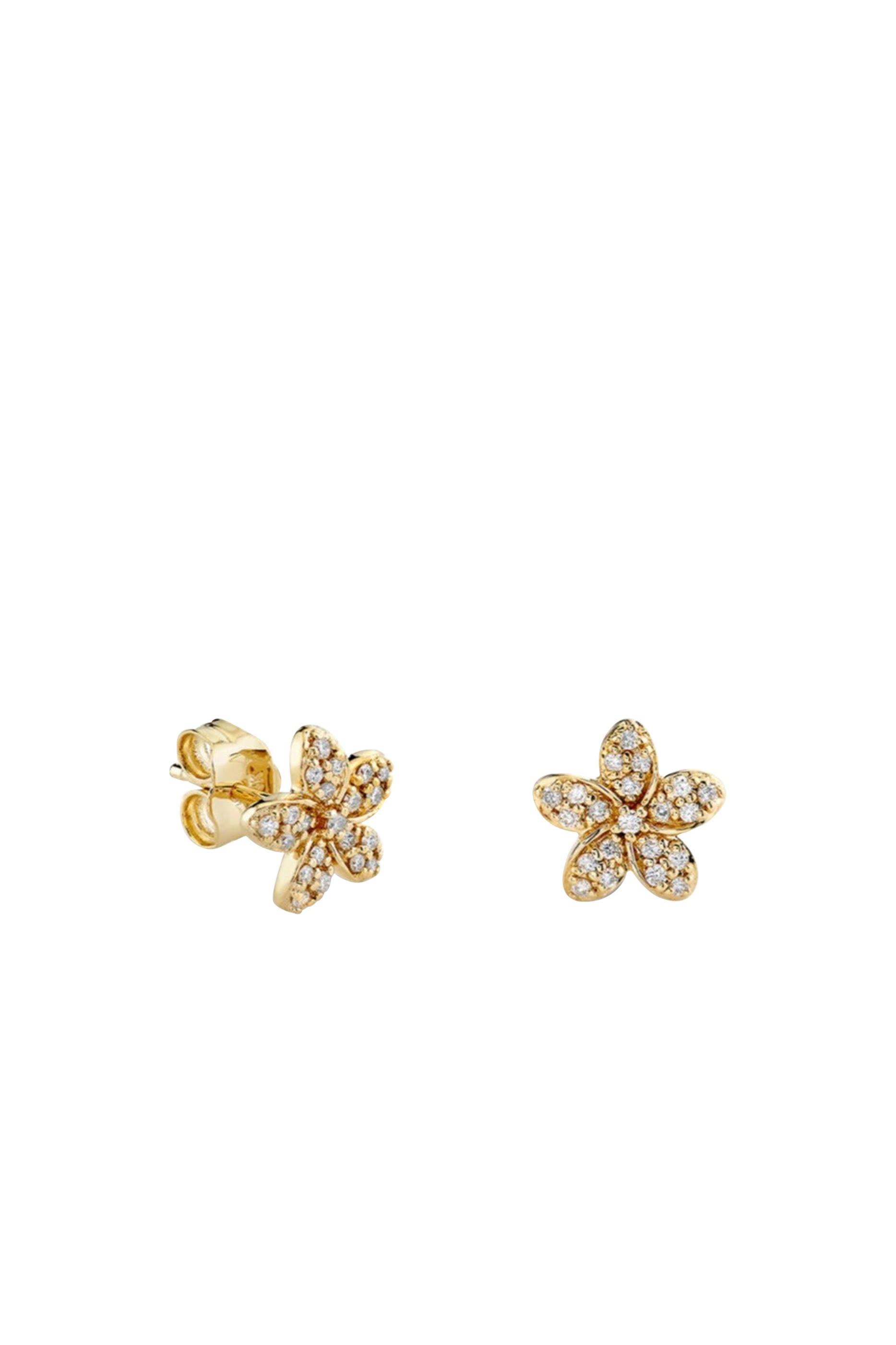 Plumeria Stud Earrings, 14k Yellow Gold & Diamond