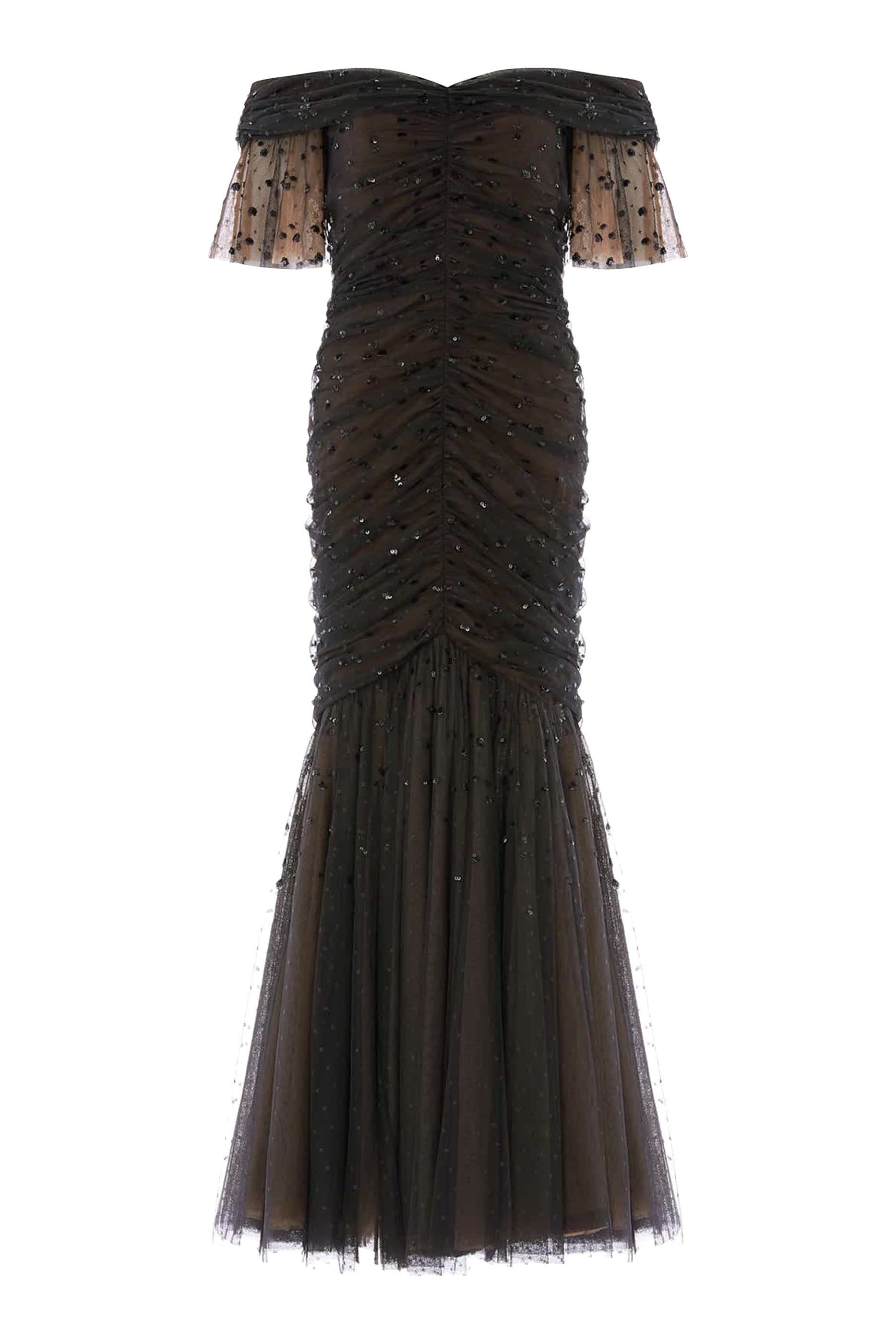 Dappled Sequin Rouched Off-Shoulder Gown