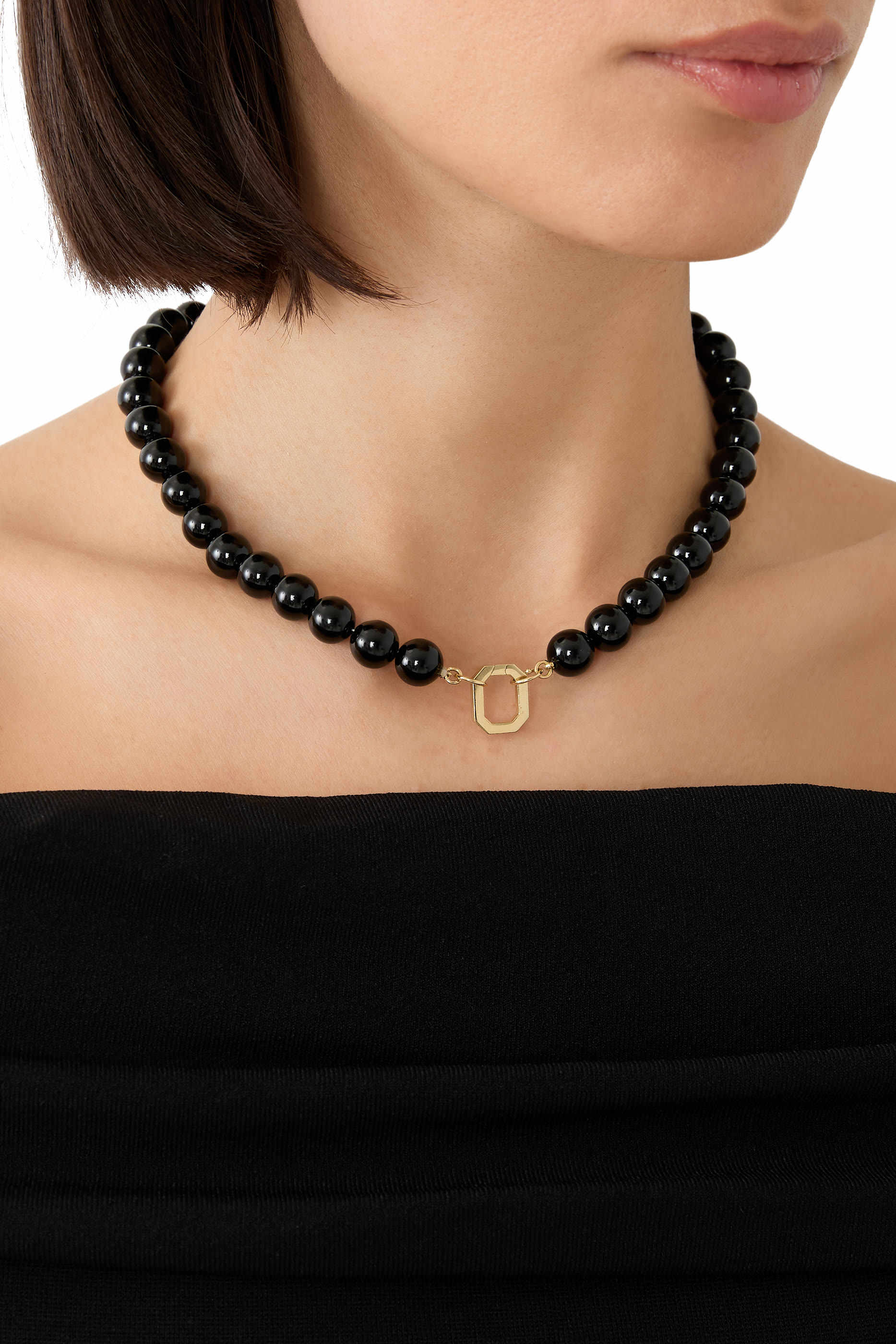  Onyx Beaded Necklace, 18K Yellow Gold