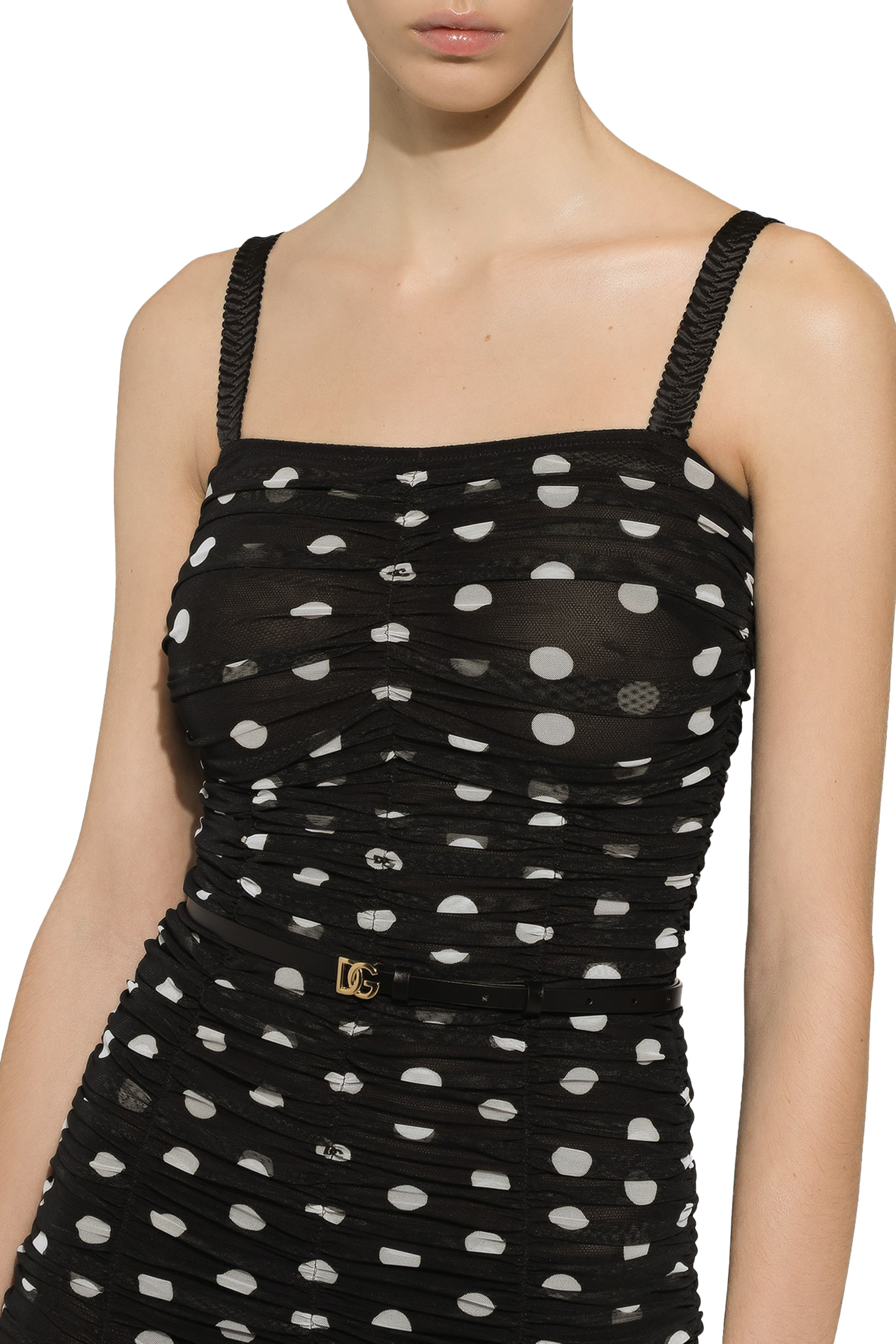 Tulle Calf-Length Sheath Dress with Draping and Polka-Dot Print