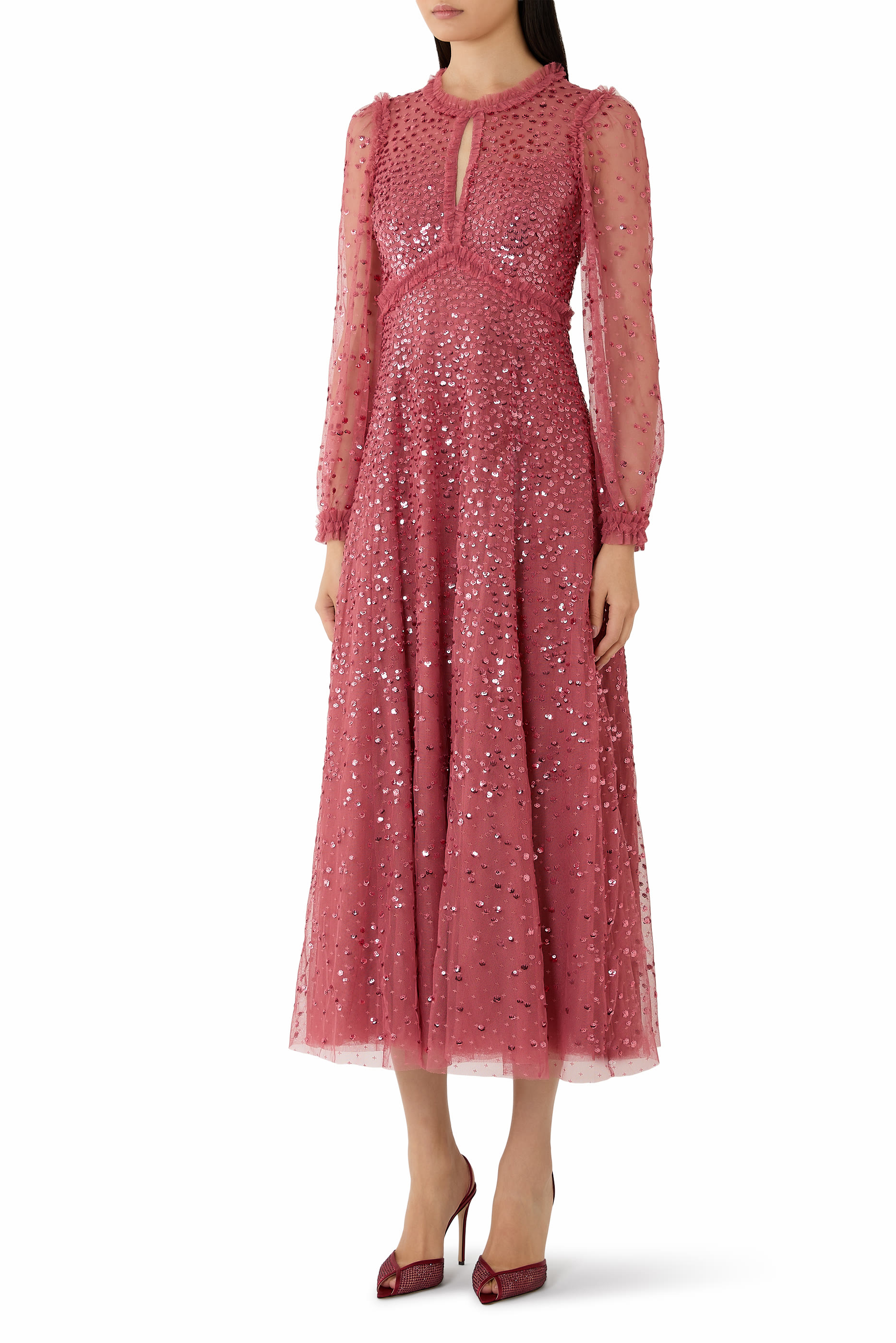  Dappled Sequin Long Sleeve Ankle Gown