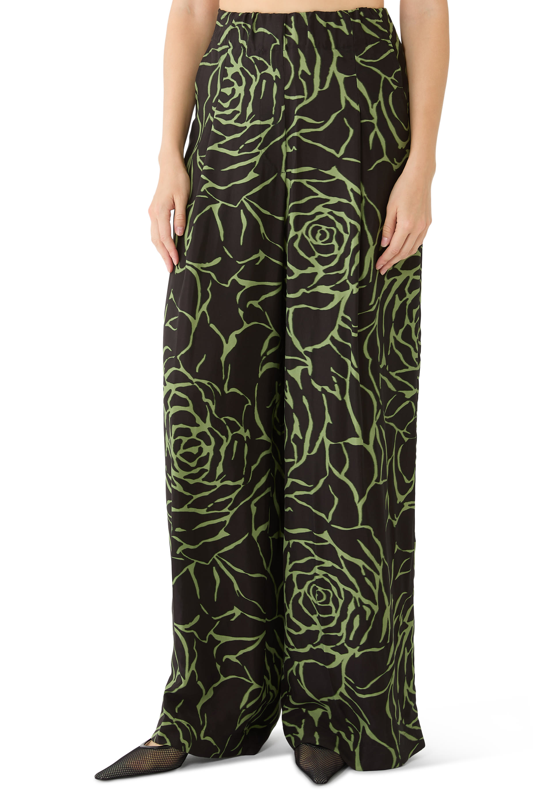 Pila Giant Couture Rose Print Pleated Wide-Leg Pants