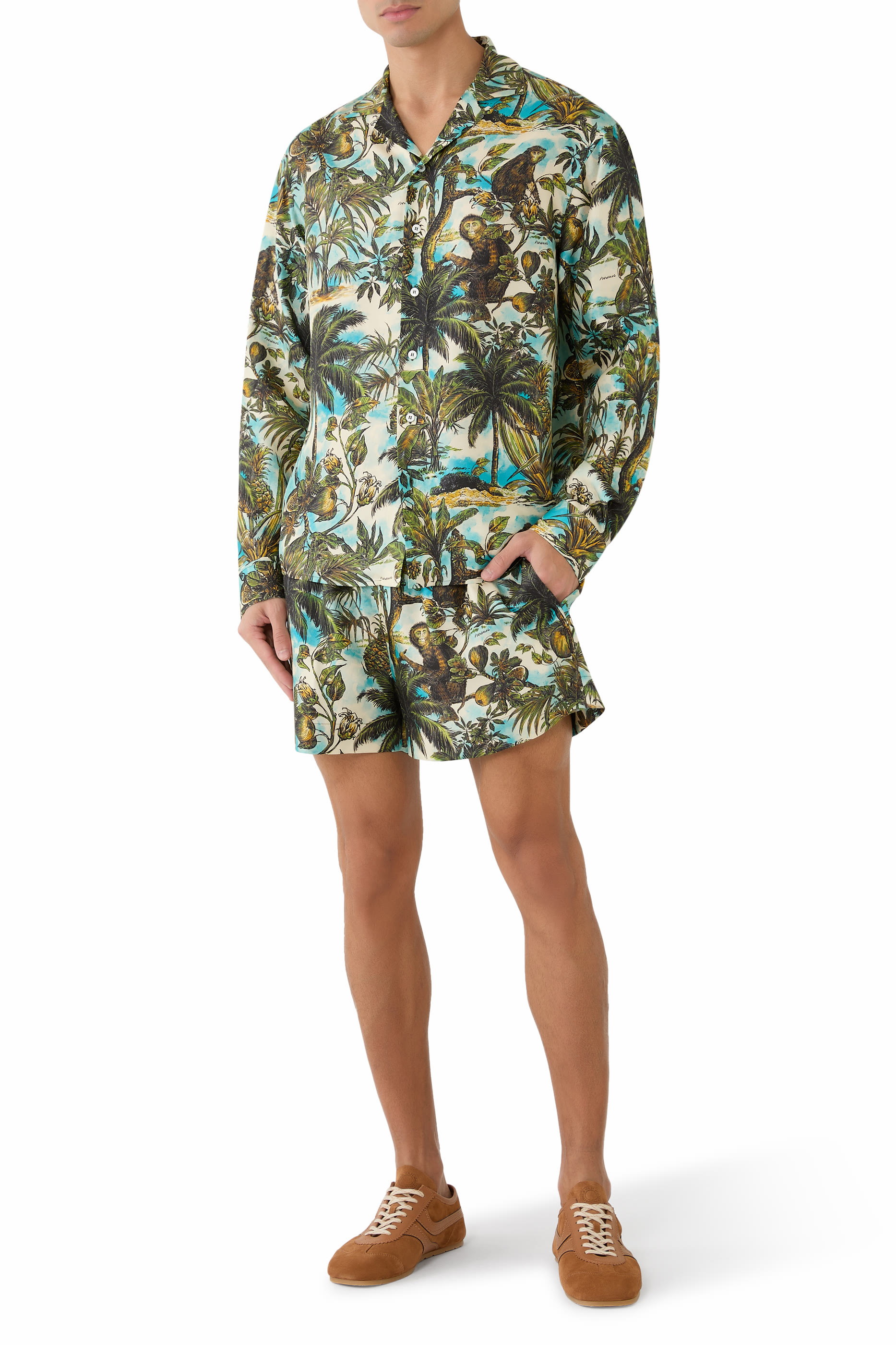 Monkey Print Notch Collar Shirt