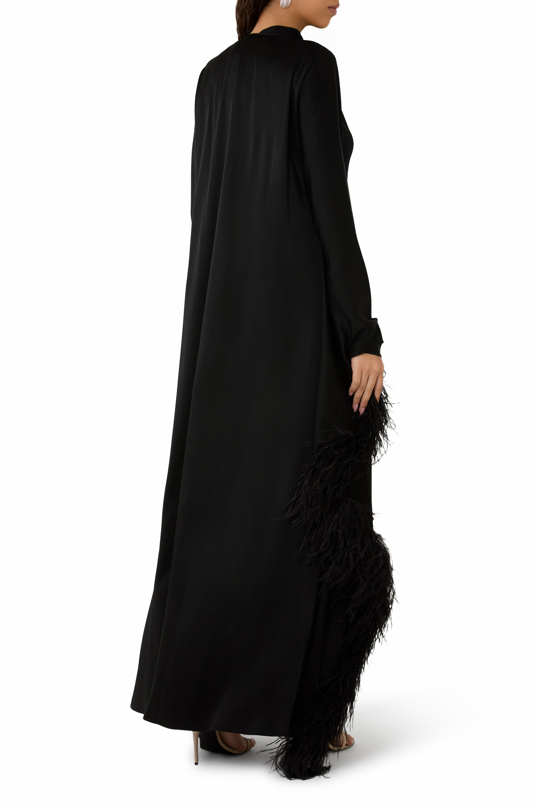 Feather Trim Long Sleeves Satin Caftan