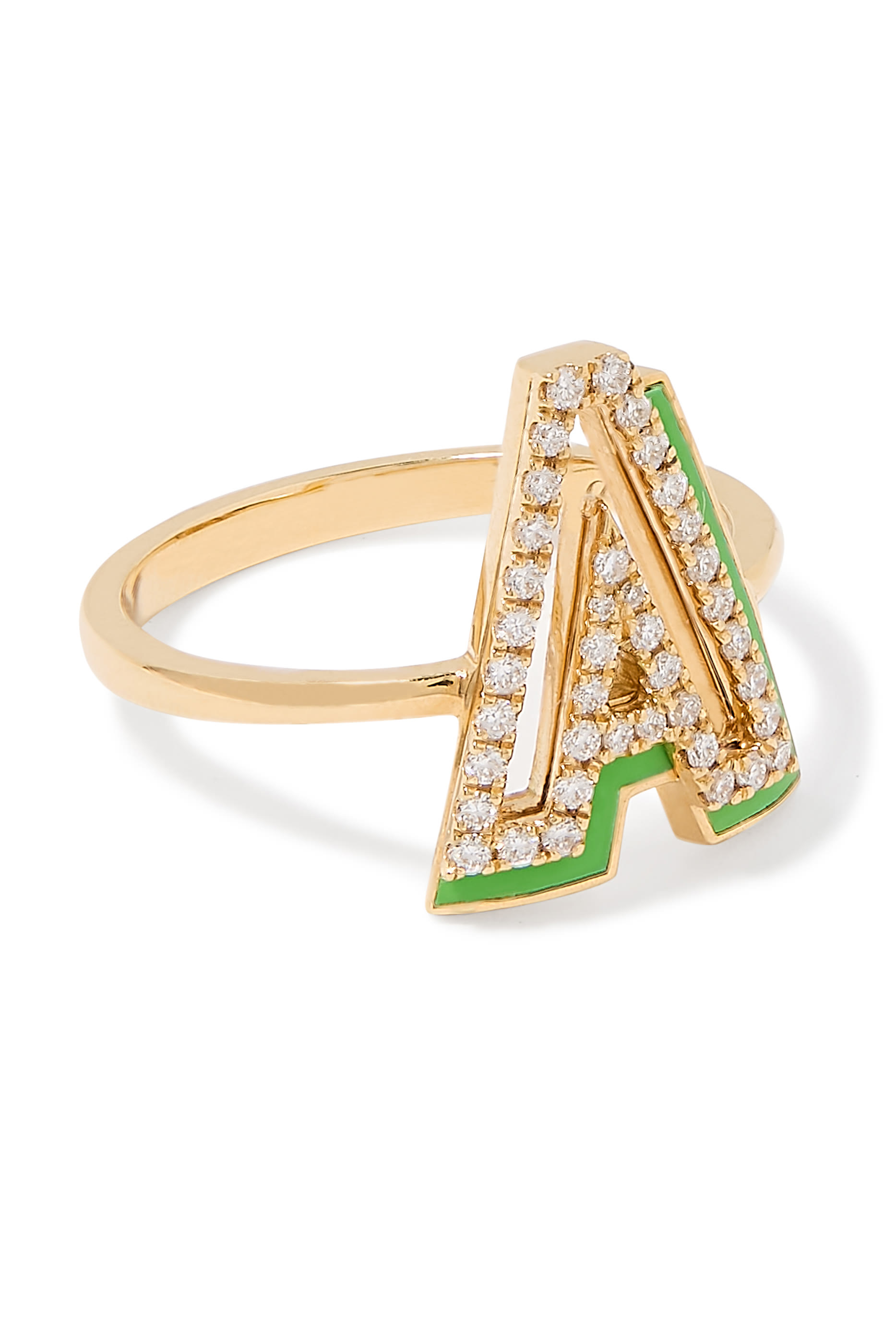Letter 'A' Shadow Diamond Ring, 18K Yellow Gold, Pave Diamonds & Enamel