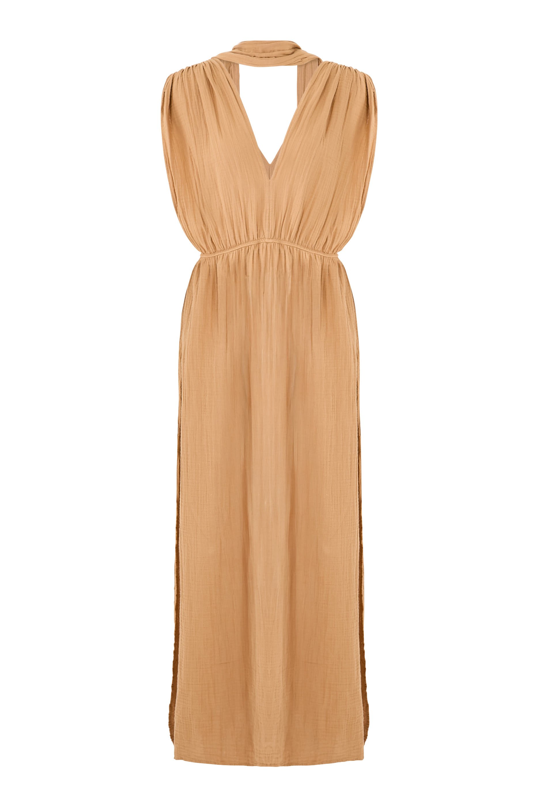 V-Neck Shoulder Ruched Dress with Ribbon Ties