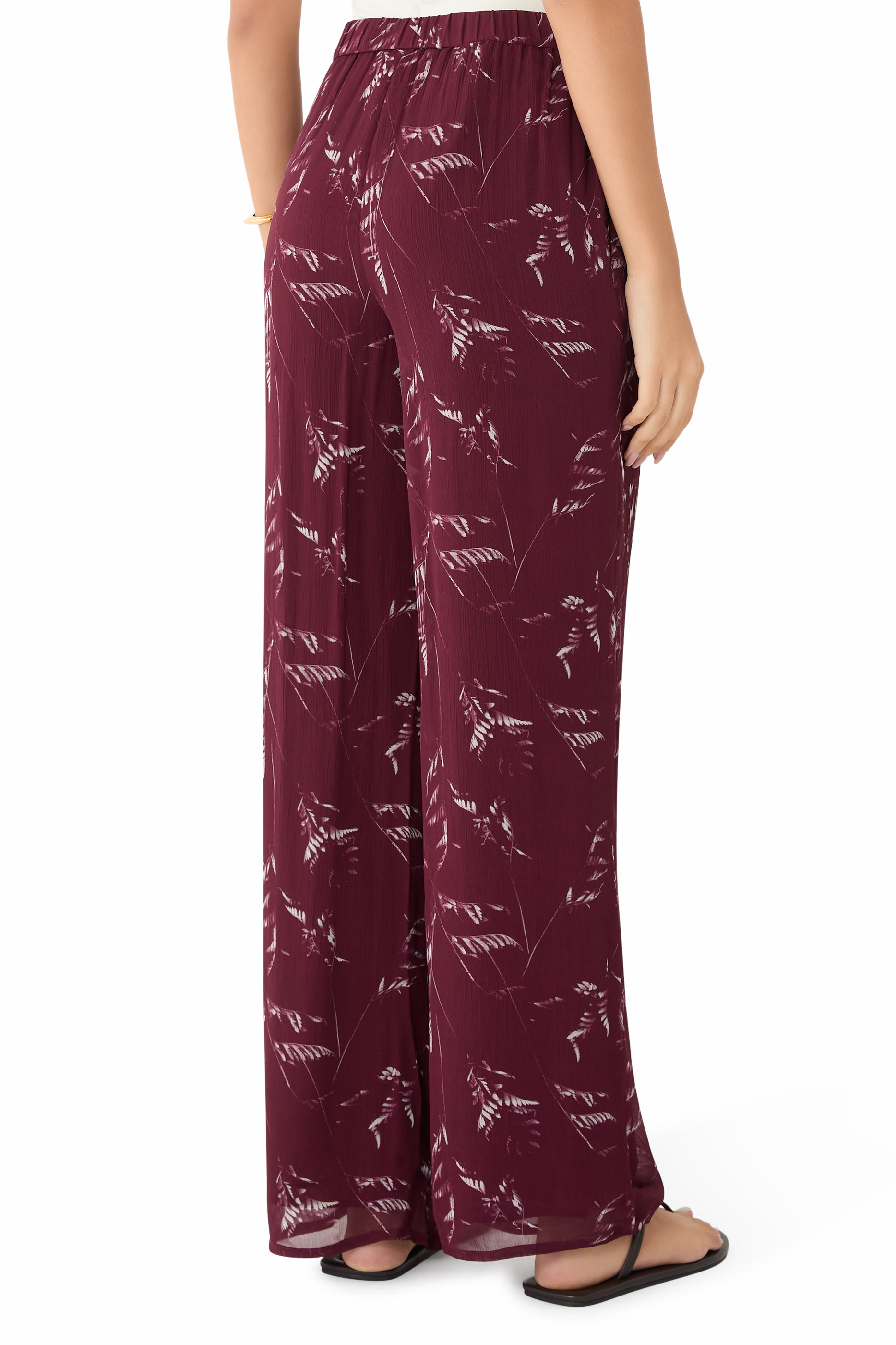  Pleated Chiffon Trousers with Foliage Print 