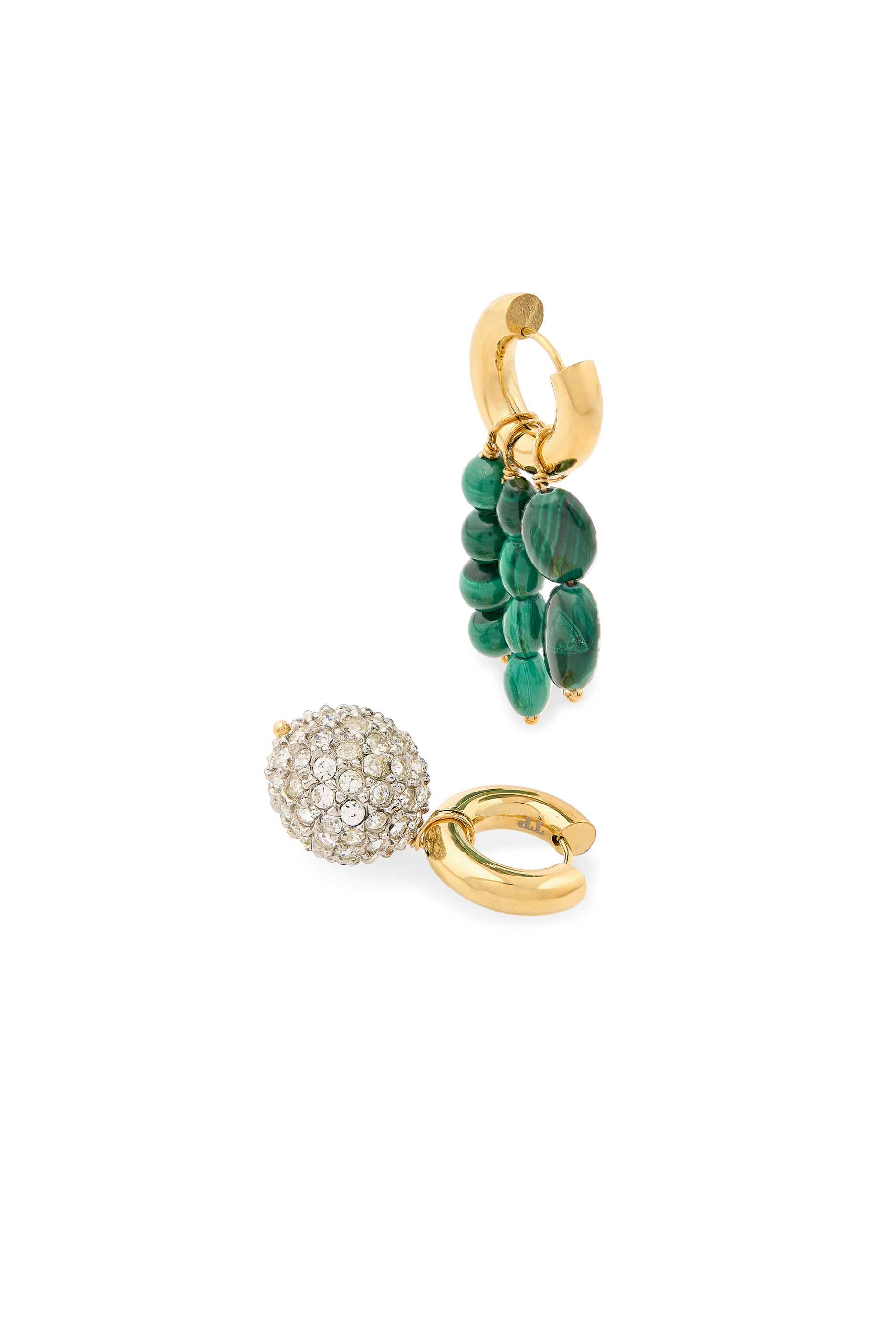 Mismatched Earrings,  24K Gold-Plated Brass with Strass & Malachite