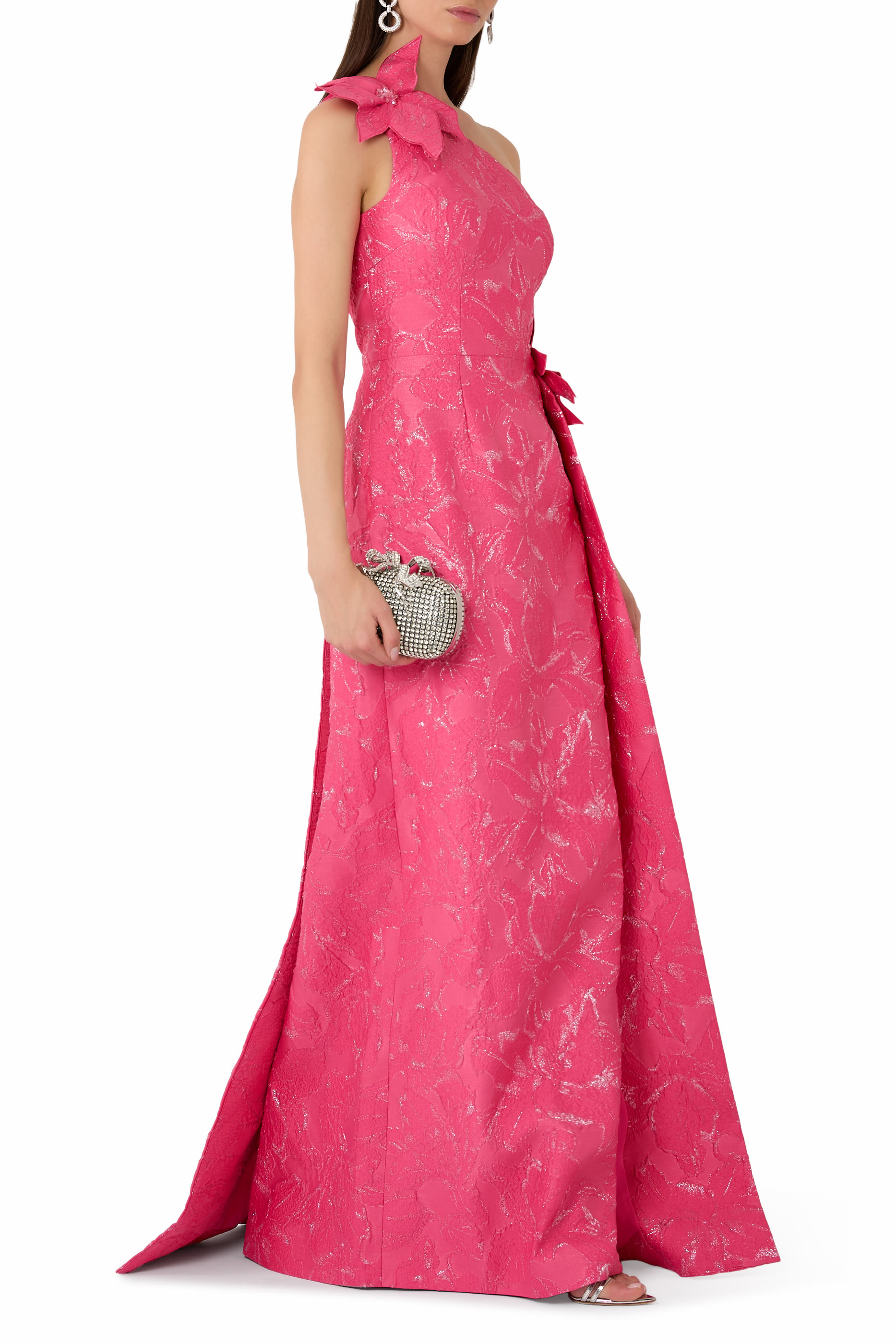 One Shoulder 3D Flower Side Drape Gown