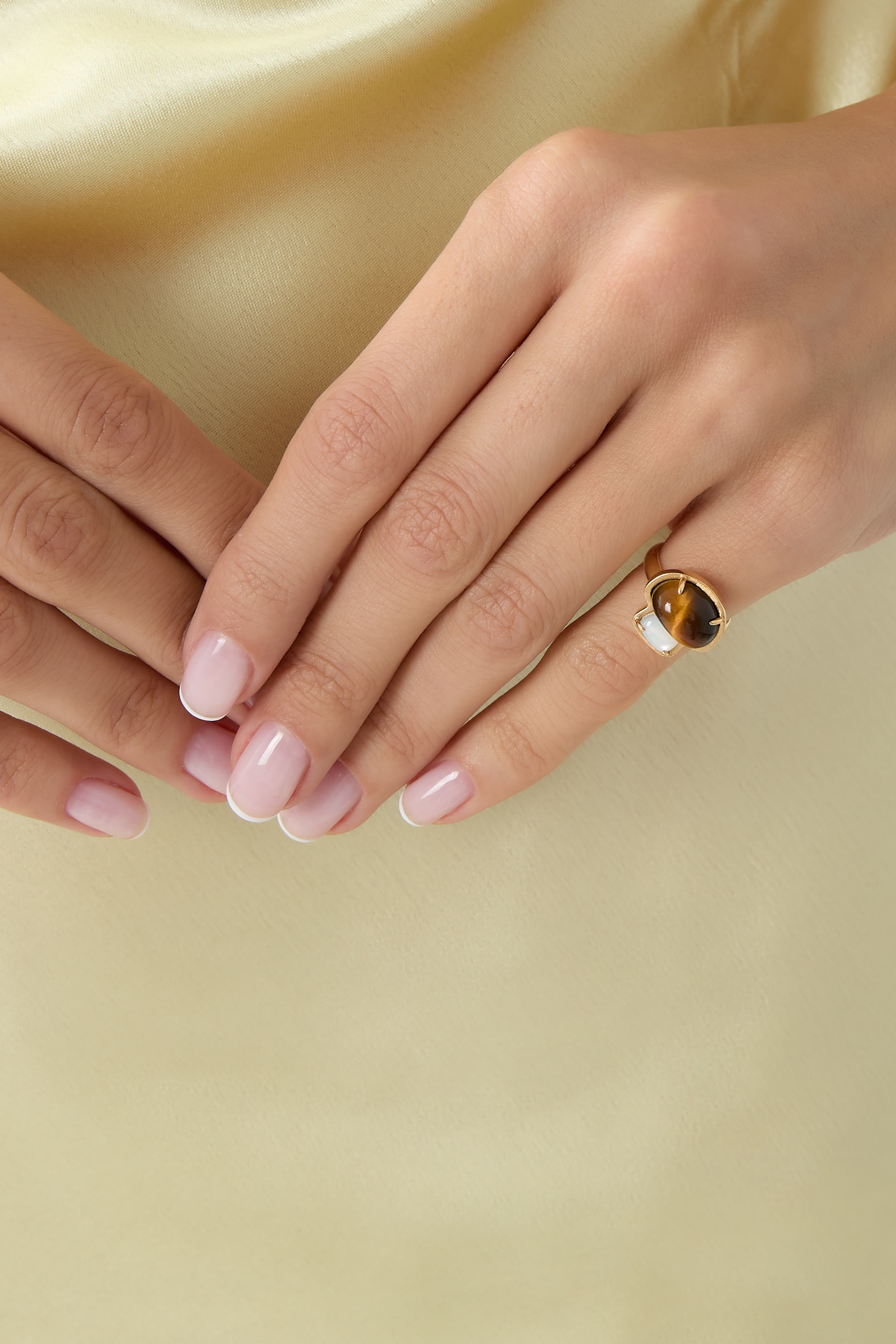  Mushroom Ring, 18K Yellow Gold with Mother of Pearl & Tiger Eye Stone