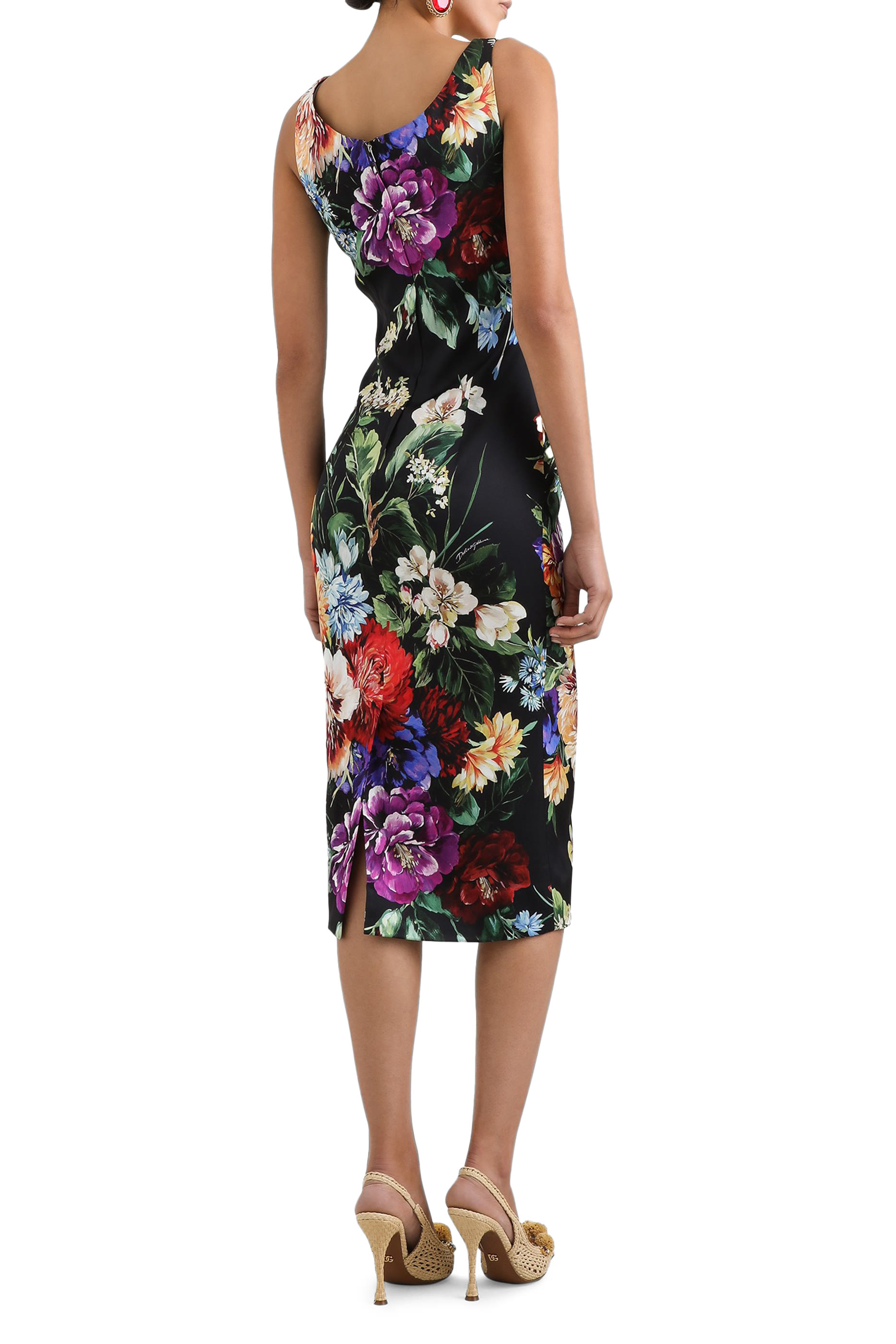 Floral-Print Fitted Satin Dress