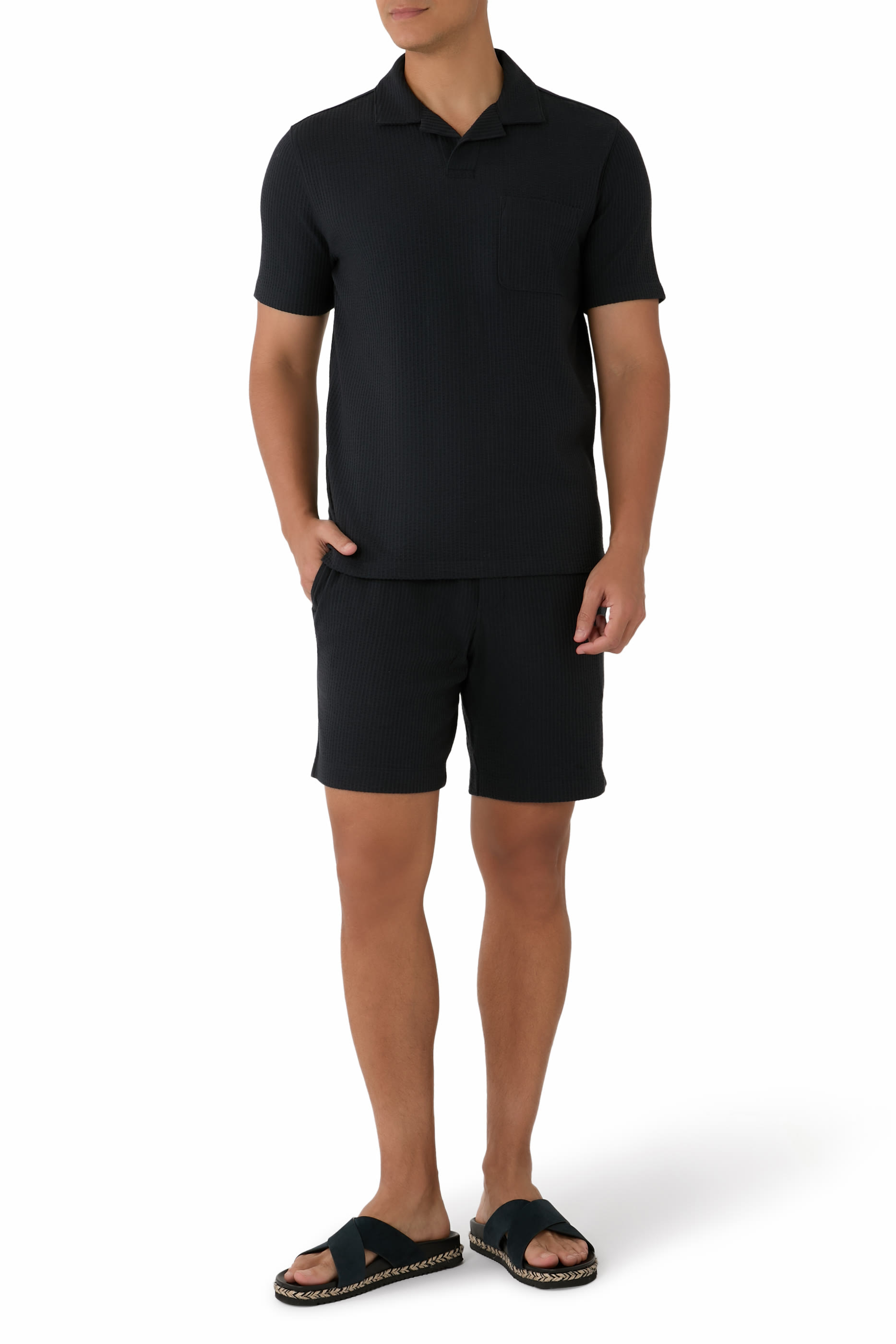 Seersucker-Knit Stretch-Cotton Johnny-Collar Shirt