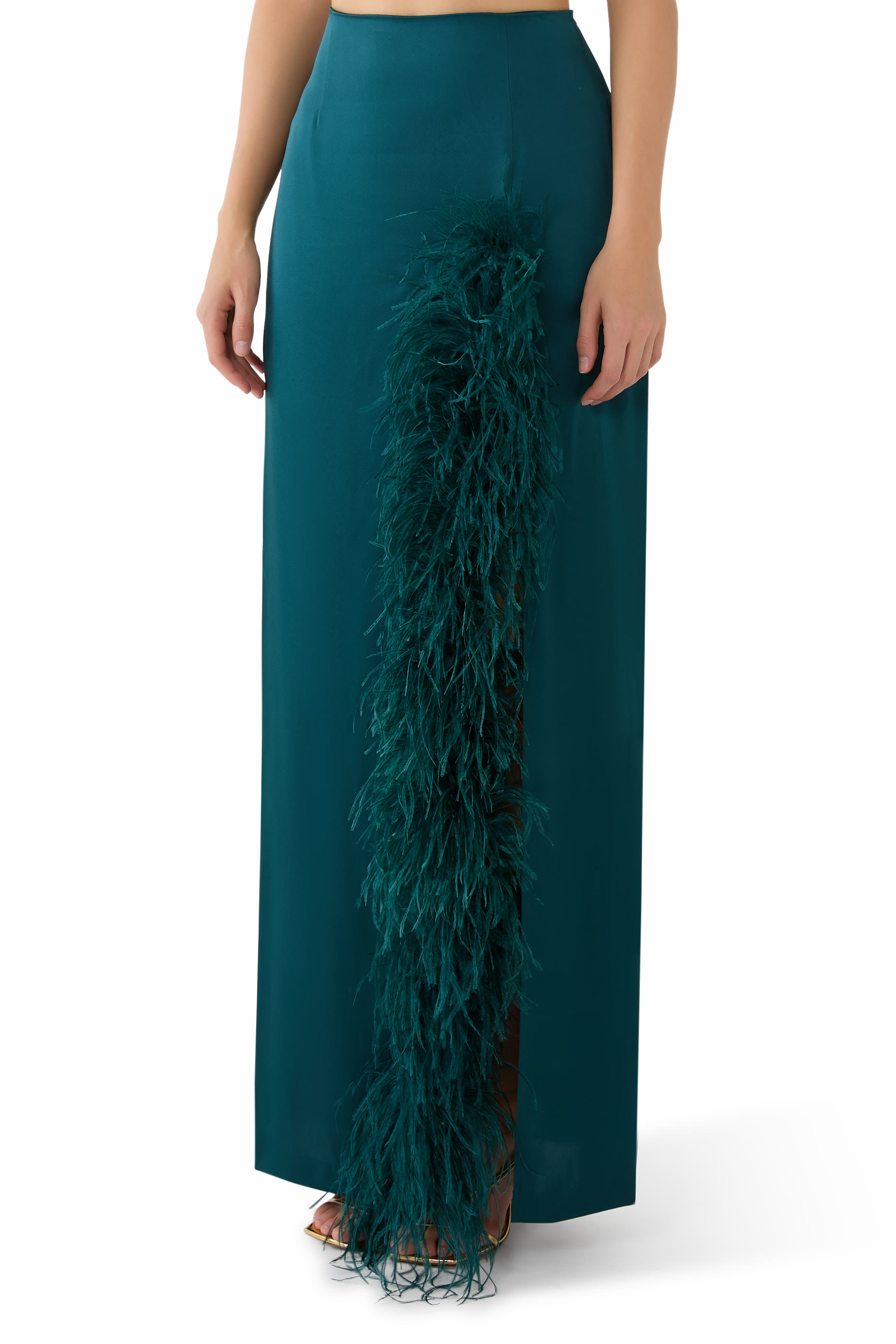 Satin High Waist Slit Maxi Skirt With Feathers 