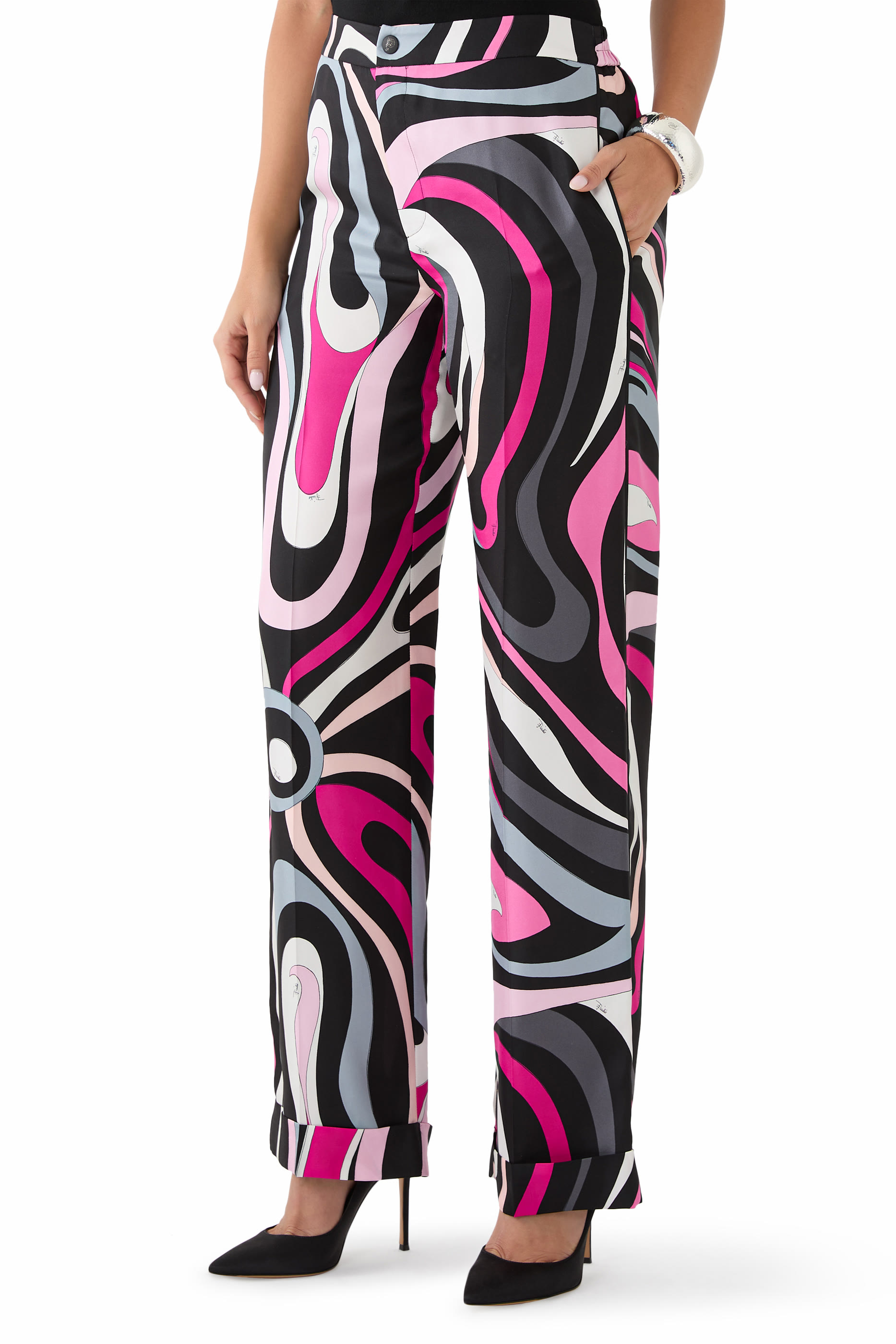 Marmo Print Straight Silk Twill Pants