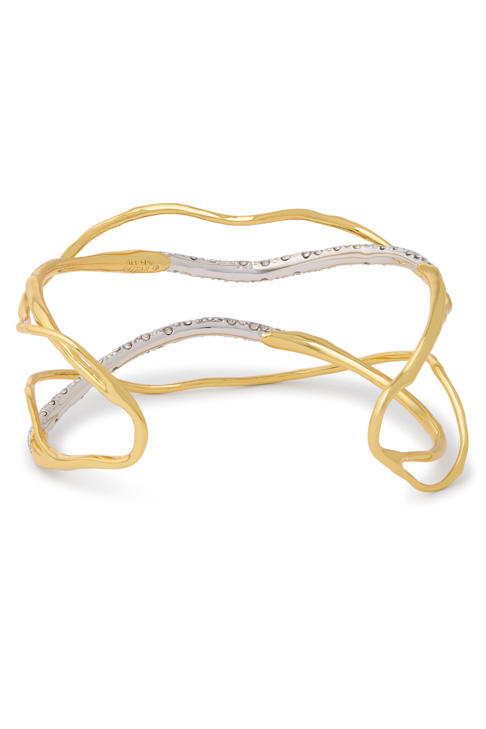 Solanales Crystal Cuff Bracelet, 14k Gold Plated Brass with Rhodium Tone Plated Brass & Crystal