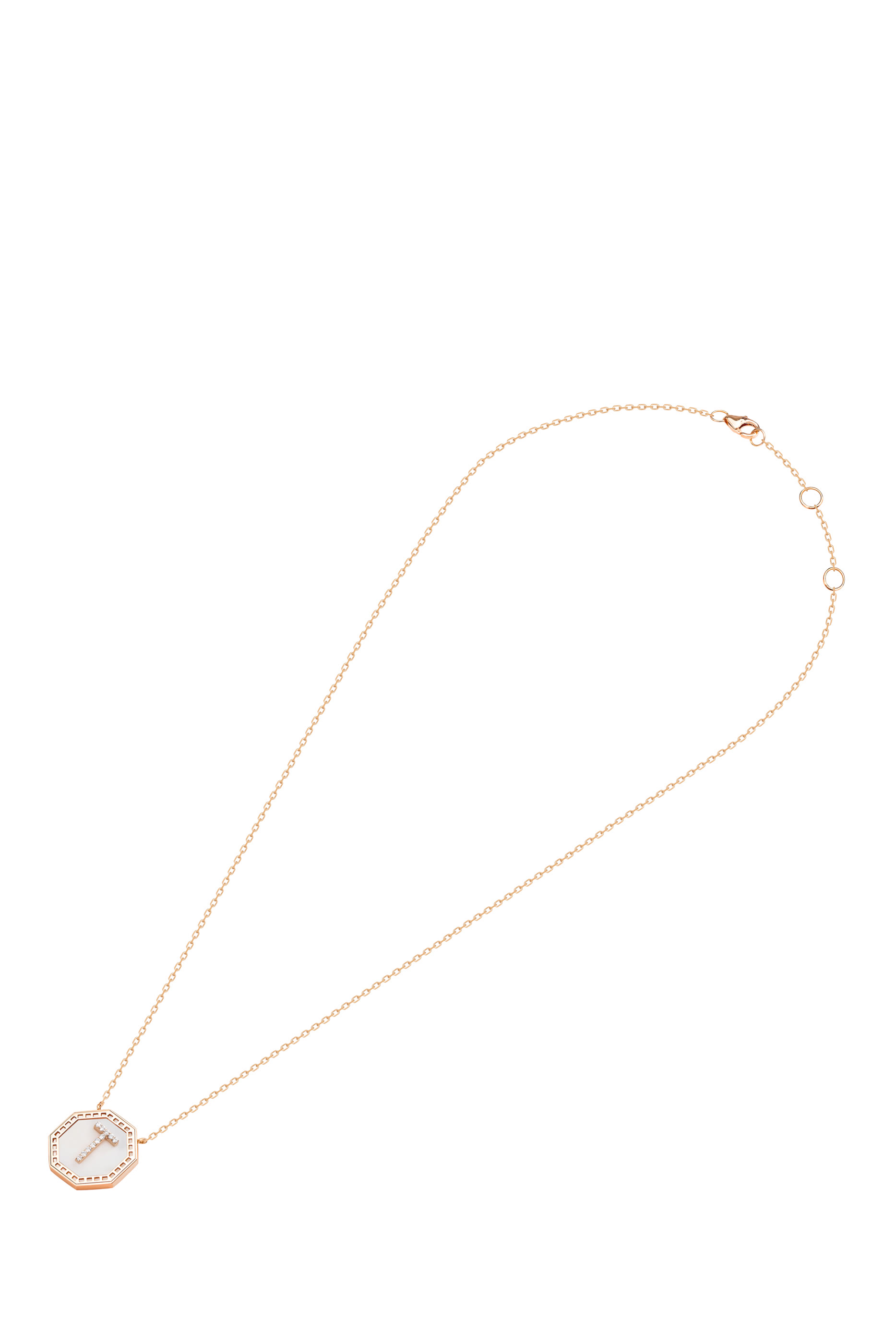 Harf Turath Letter T Necklace, 18K Rose Gold with Mother of Pearl & Diamonds