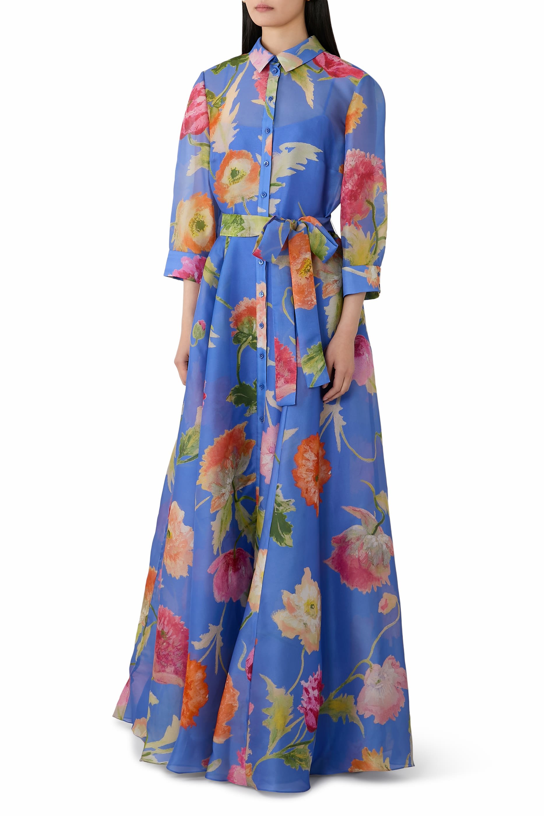  Poppy-Print Organza Trench Gown
