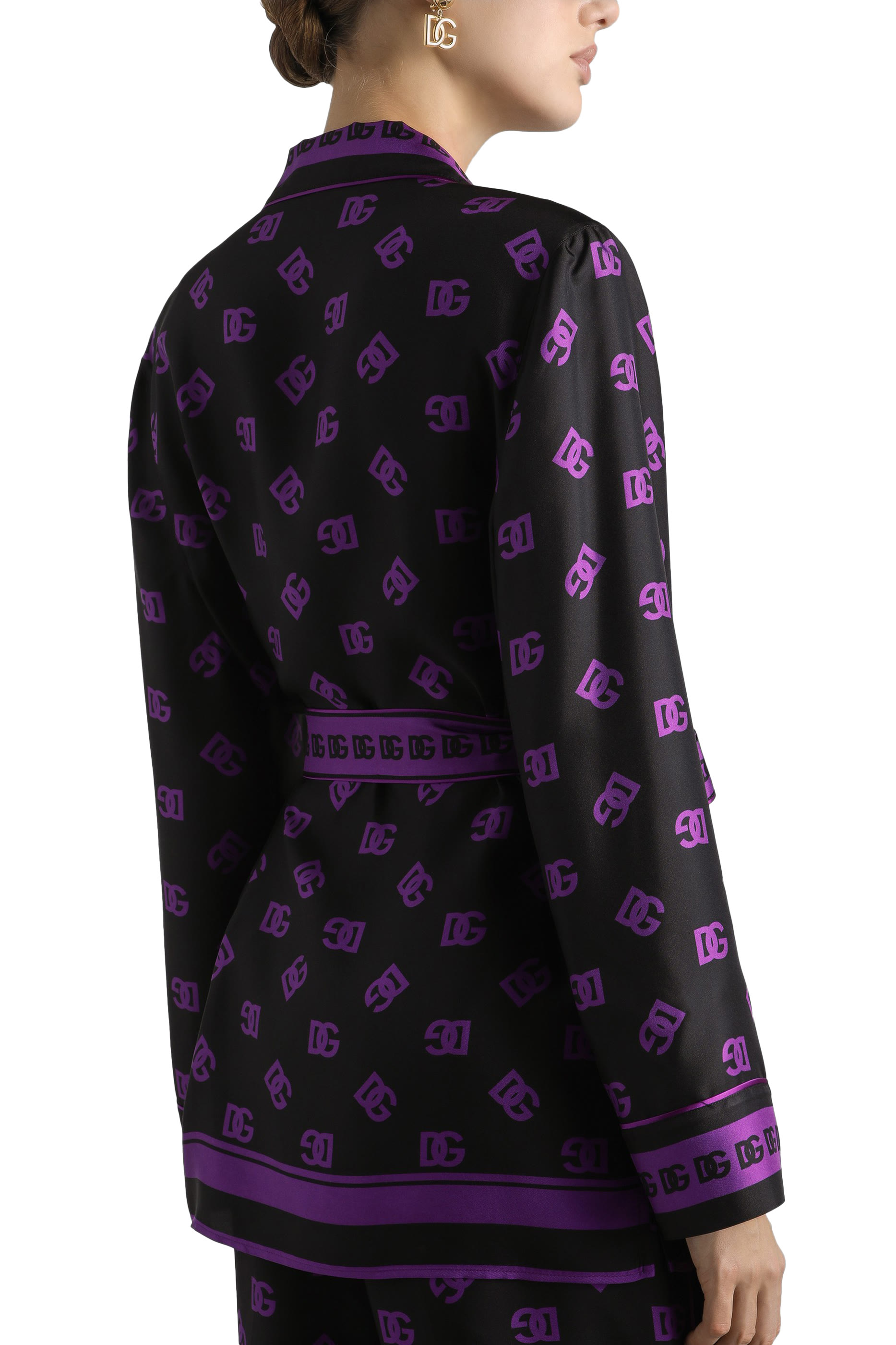 Silk Twill Pajama Shirt with All-Over DG Logo Scarf Print