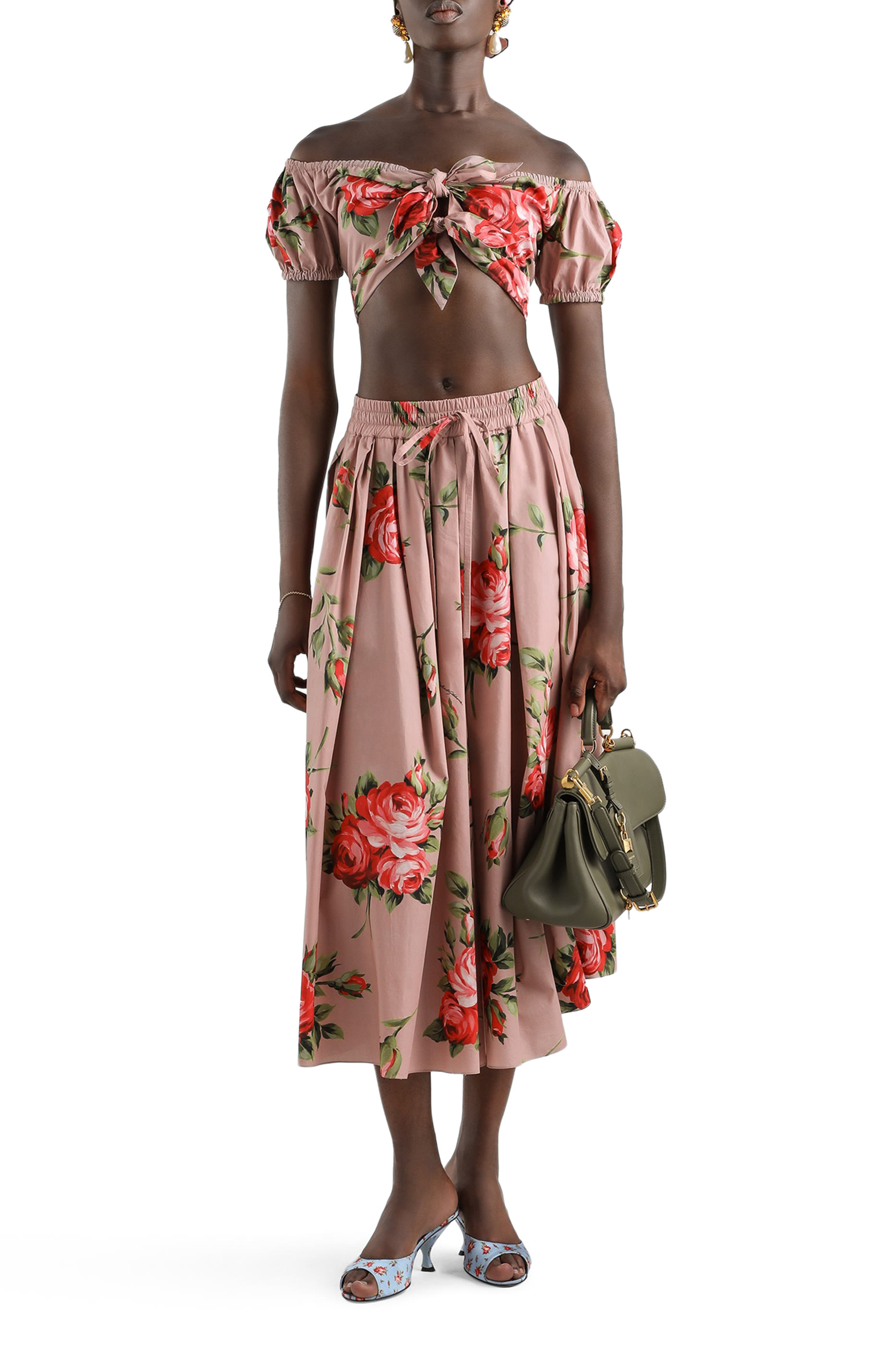 Rose Bouquet-Print Midi Skirt