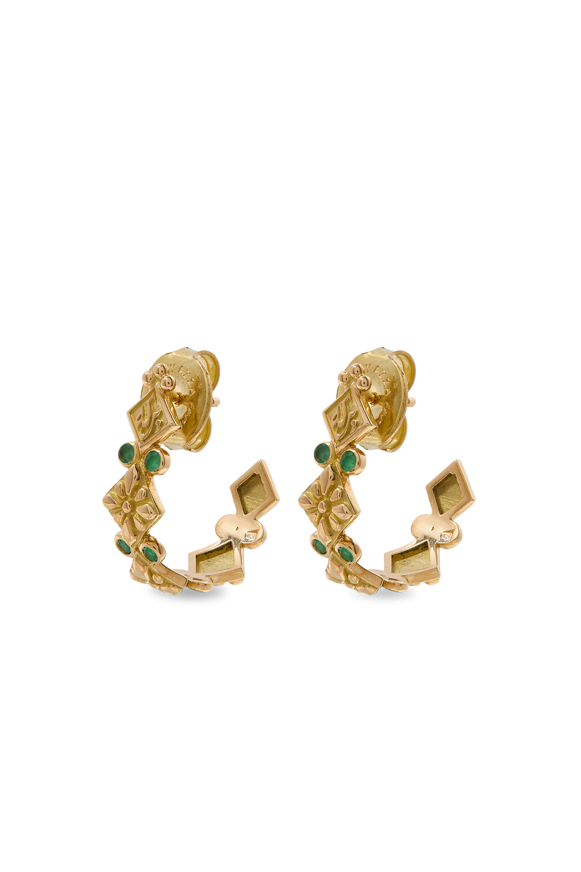 Calligraphy Prosperity and Blessing Hoop Earrings, 18k Yellow Gold & Diamond, Emerald