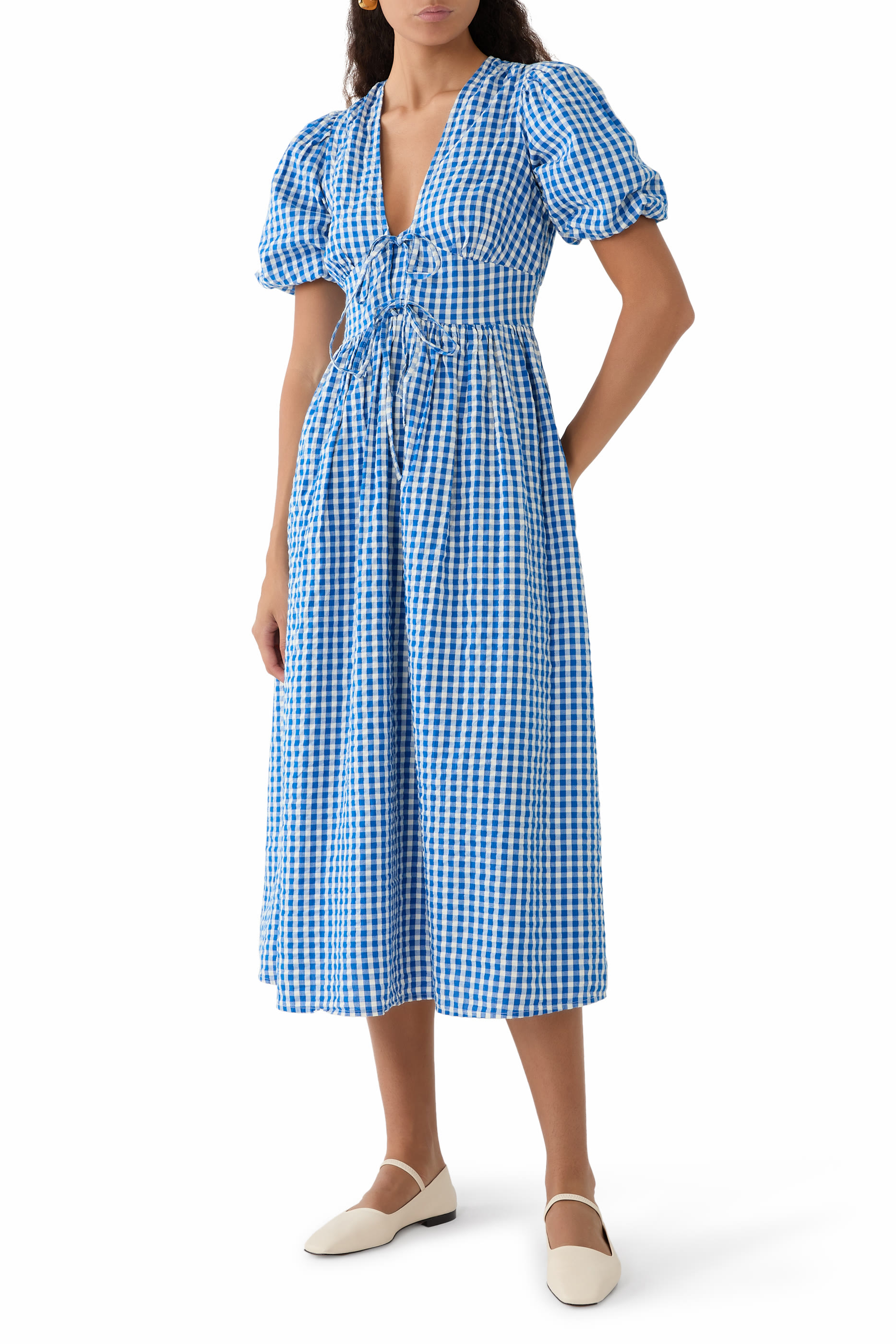 Puff Sleeves Gingham Scottie Midi Dress