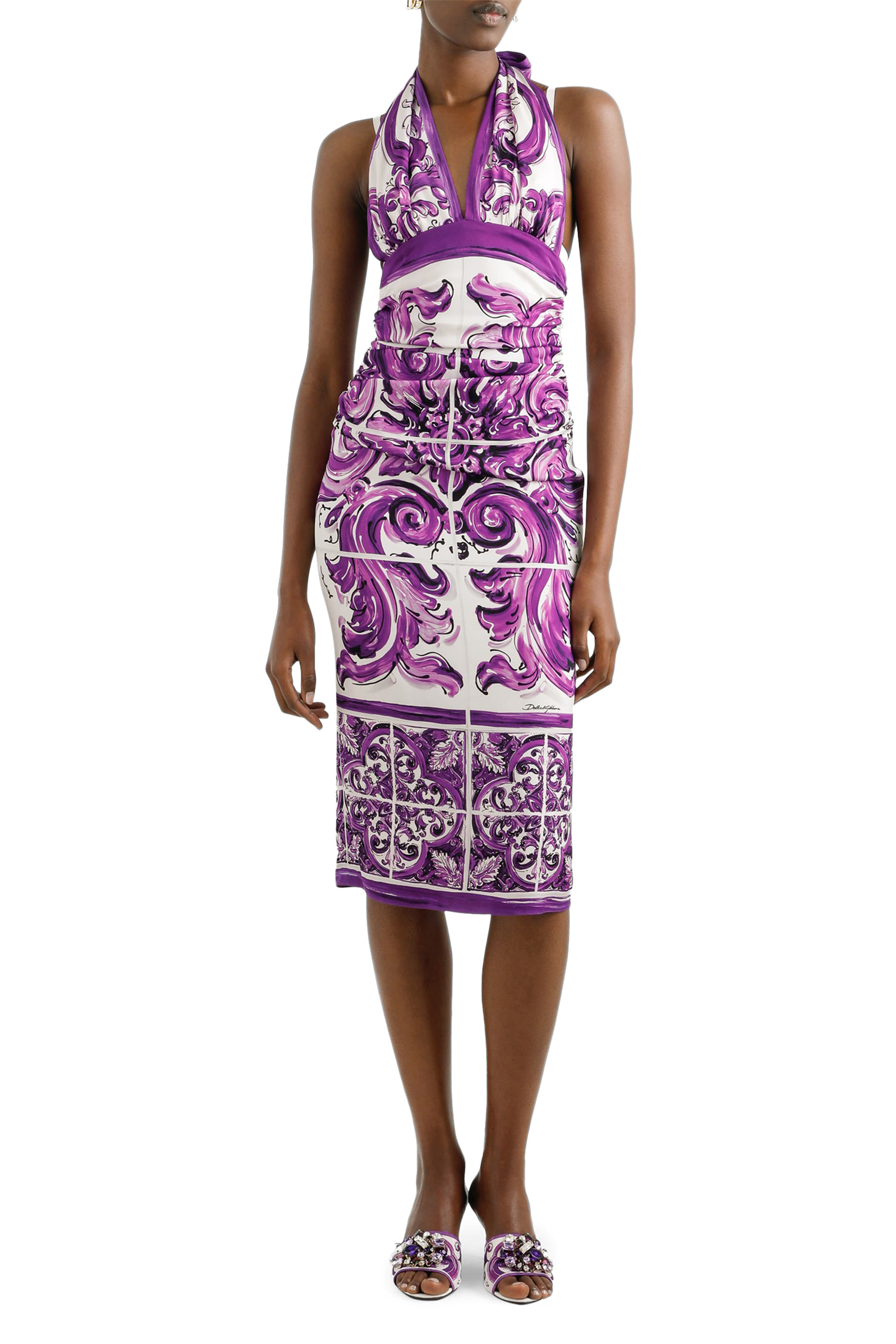 Majolica-Print Charmeuse Dress 
